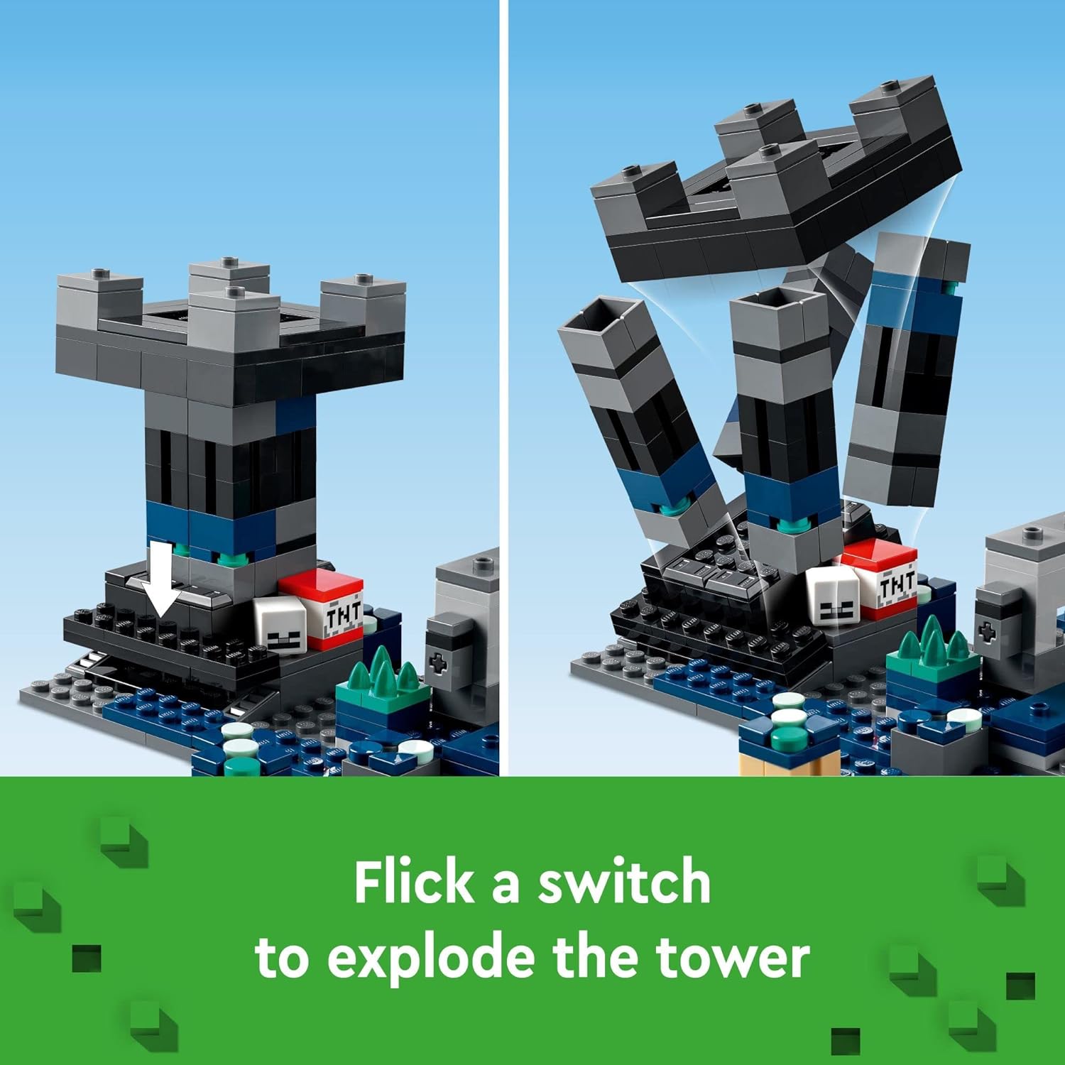 ليجو 21246 مجموعة ماينكرافت ذا ديب دارك باتل، لعبة مغامرة بيوم، مدينة قديمة مع شخصية حارس، برج متفجر وصندوق كنز