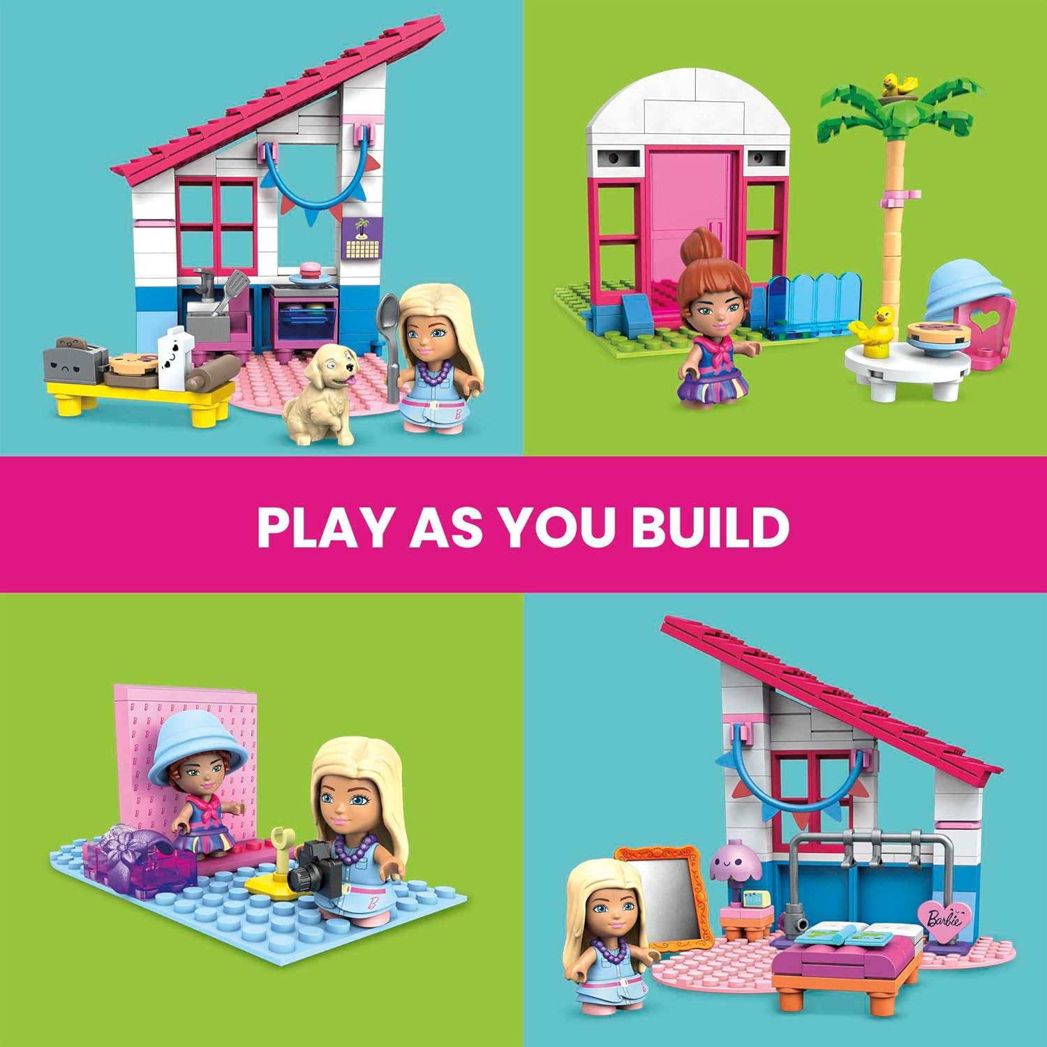 مجموعة ألعاب البناء ميجا باربي، منزل أحلام ماليبو مع 303 قطعة، 2 دمى صغيرة، إكسسوارات وأثاث، 3 حيوانات أليفة
