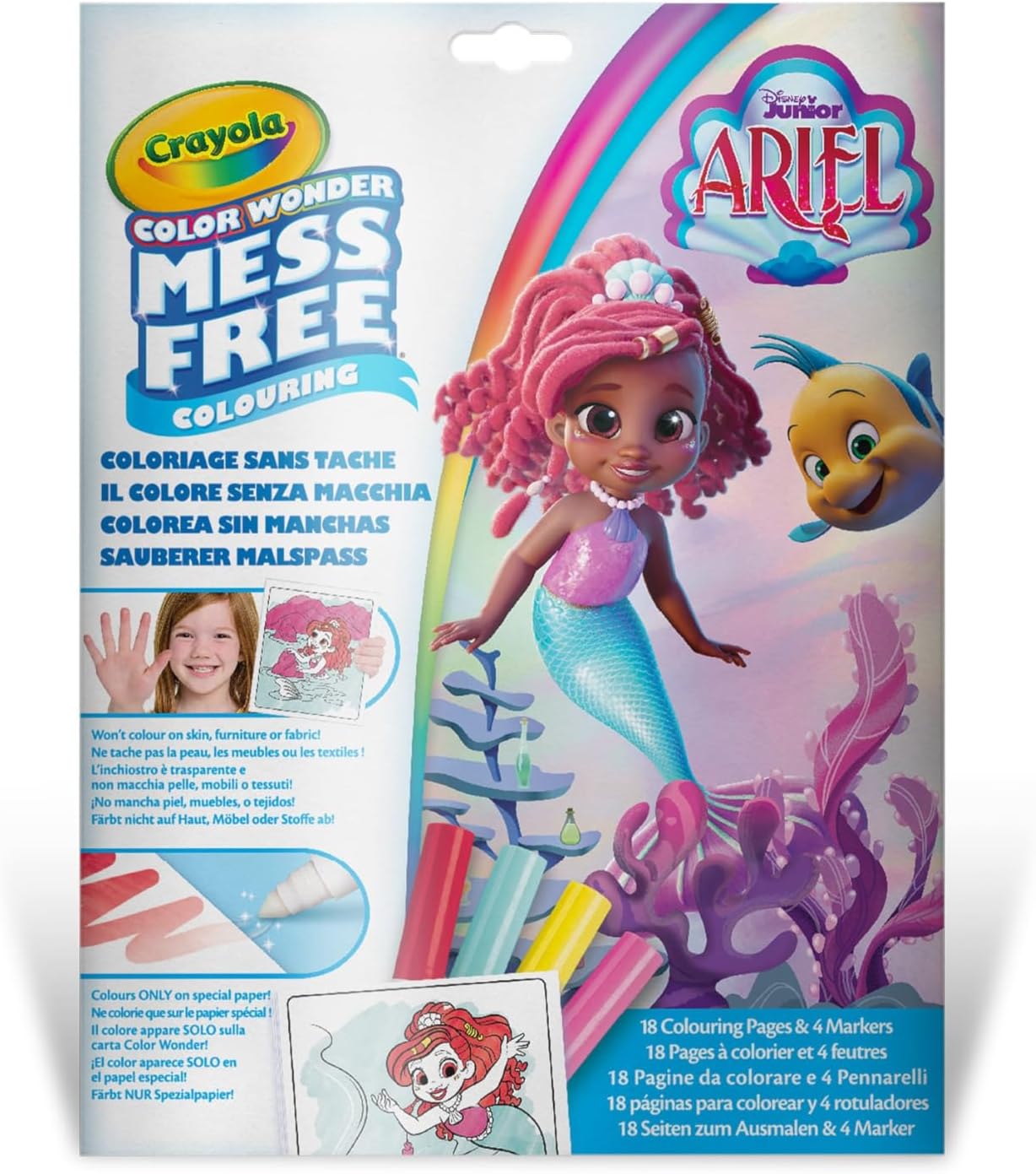 Crayola Color Wonder Colouring Kit with 18 Colouring Pages and 4 Stain Resistant Felt-Tip Pens Ariel Theme Creative Activity