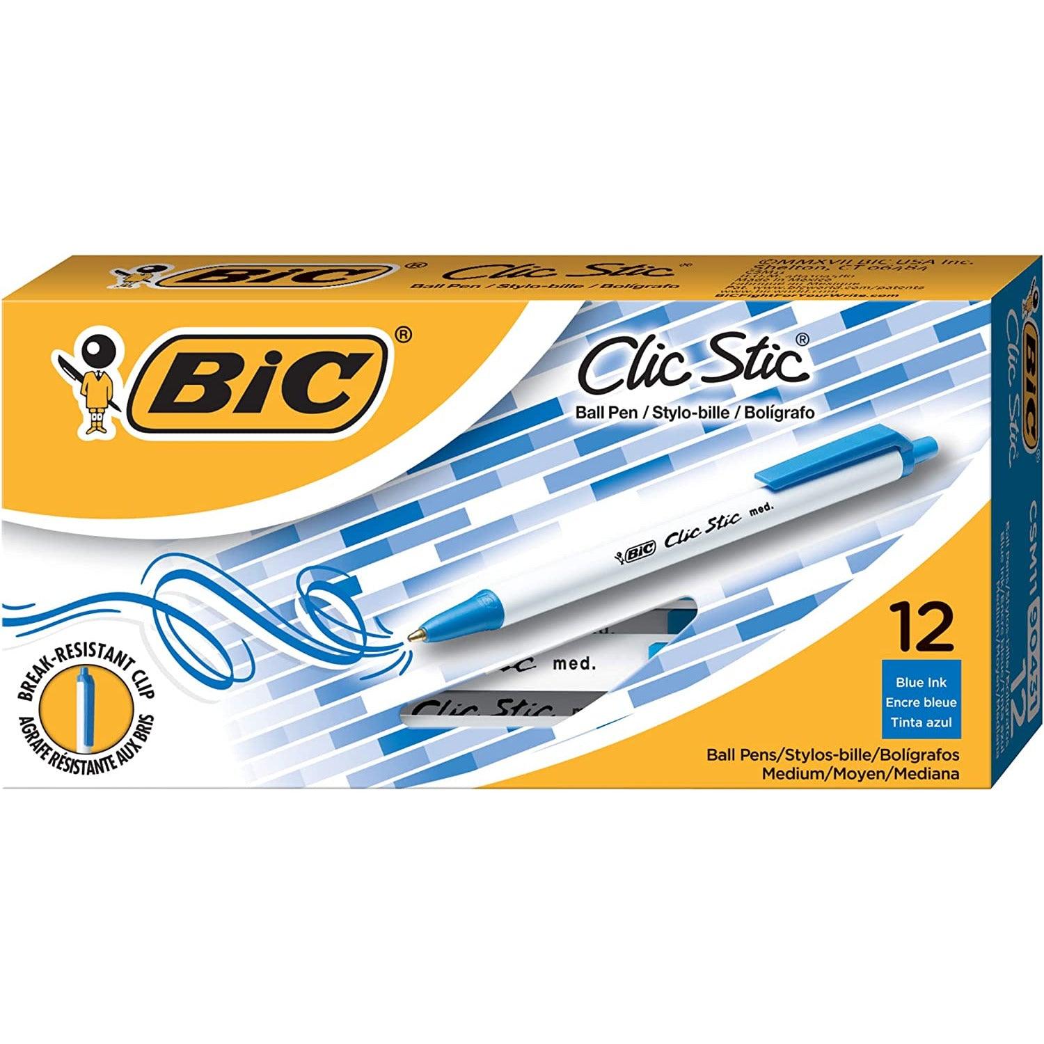 قلم كروي BIC Clic Stic قابل للسحب ، نقطة متوسطة (1.0 مم) ، أزرق ، 12 قطعة