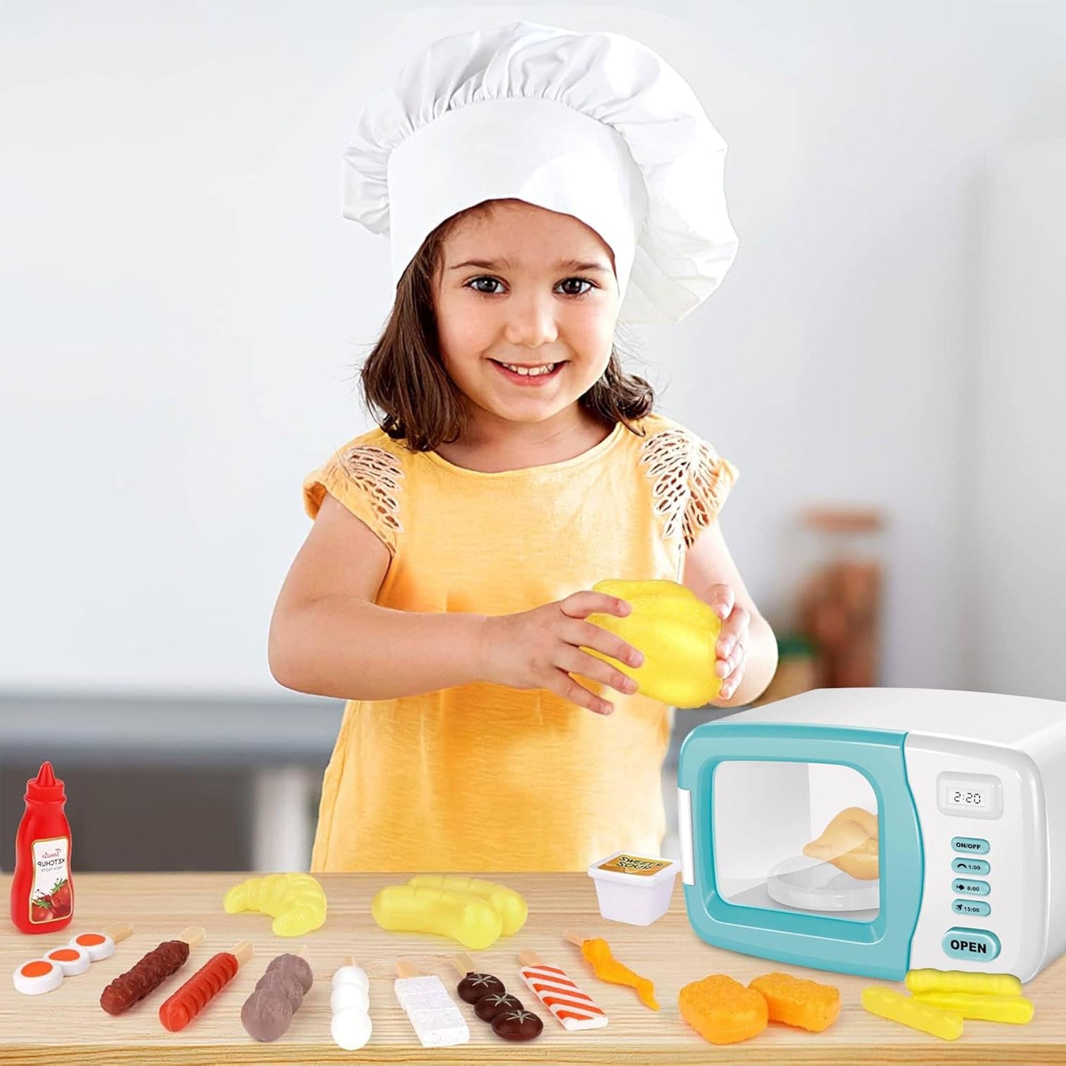 لعبة فرن ميكروويف واقعية للأطفال مع ضوء عمل وشاشة مؤقت وطعام دوار (أزرق/أبيض)