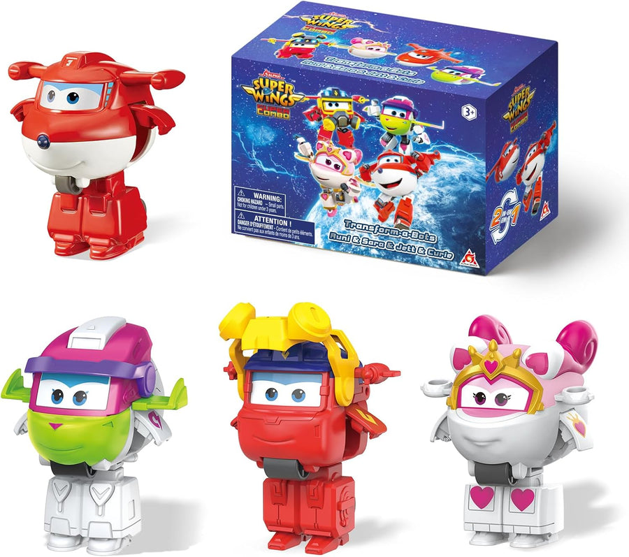 Super Wings 2" Transform-a-Bots 4-Pack, Supercharged Jett, Curie, Runi, Sara, Airplane Toys Vehicle Mini Figures