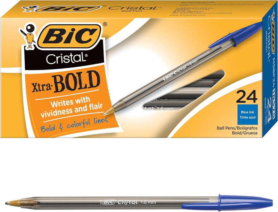 BIC Cristal Xtra Bold Ballpoint Pens, Bold Point (1.6mm) For Vivid And Dramatic Lines, Blue Ink, 24-Count Pack, Perfect Ink Pens
