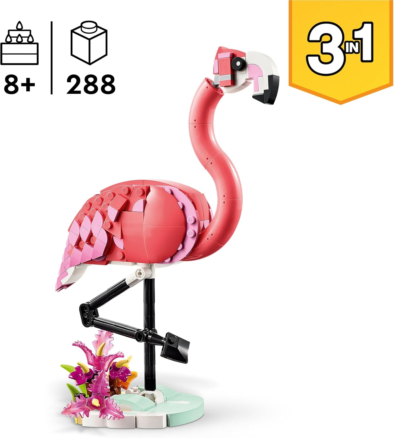 LEGO 31170 Creator 3in1 Wild Animals: Pink Flamingo Toy - Transforms into a Cockatoo Parrot Figure or Axolotl - Creative Building Set for Kids, 8+ Year Old Boys & Girls
