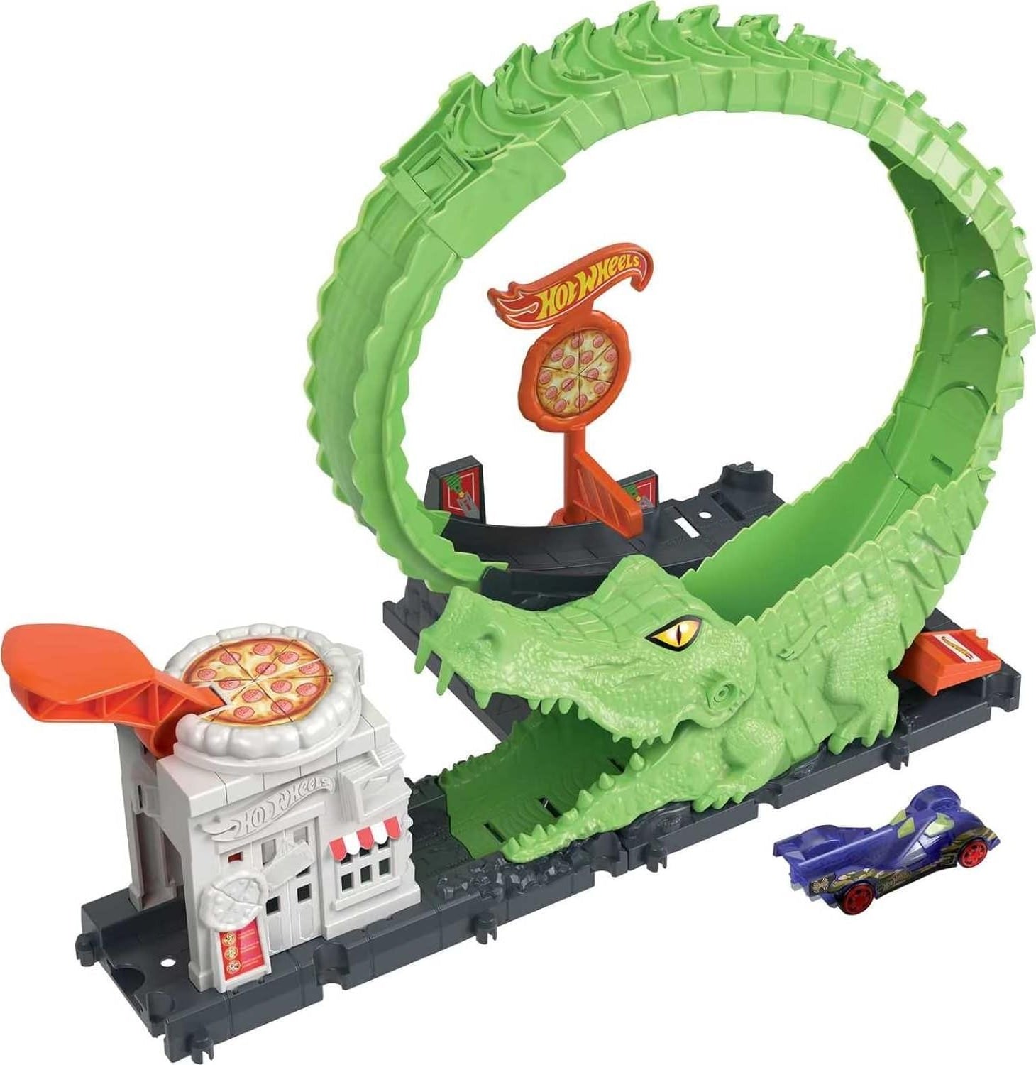 Hot Wheels Toy Car Track Set Gator Loop Attack Playset in Pizza Place with 1;64 Scale Car, Connects to Other Sets