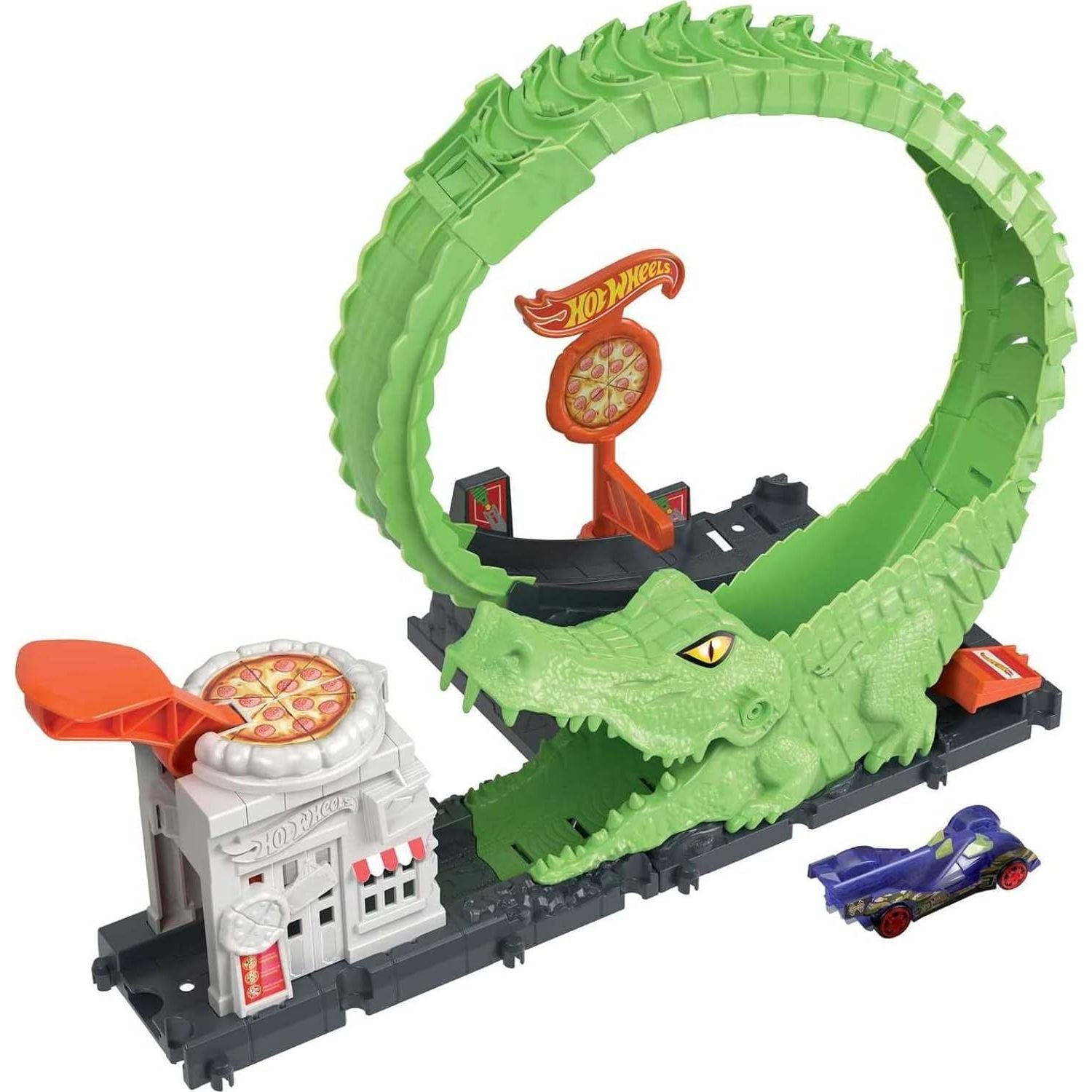 مجموعة مسار سيارة لعبة هوت ويلز، مجموعة ألعاب هجوم حلقة التمساح في مكان البيتزا مع سيارة بمقياس 1؛64، تتصل بمجموعات أخرى