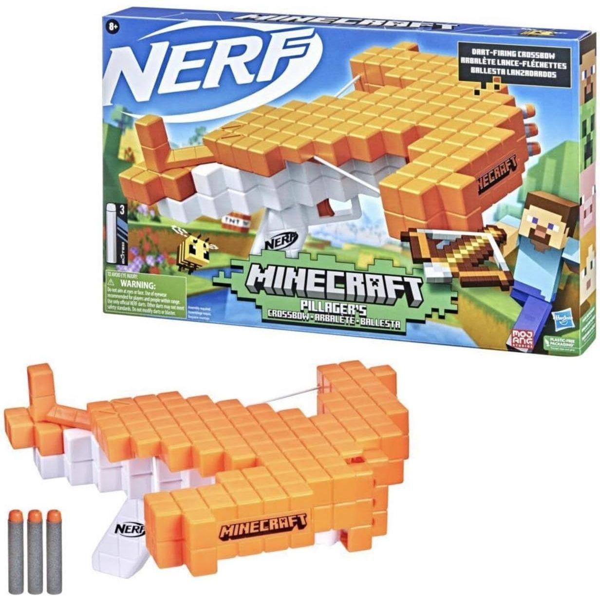 NERF Minecraft Pillager's Crossbow, Dart-Blasting Crossbow, Includes 3 Elite Darts, Real Crossbow Action, Pull-Back Priming Handle