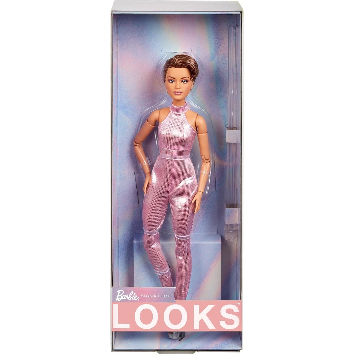 Barbie Looks Doll, Collectible No. 22 with Pixie Cut and Modern Y2K Fashion, Sequined Pink Halter Jumpsuit with Silver Heels