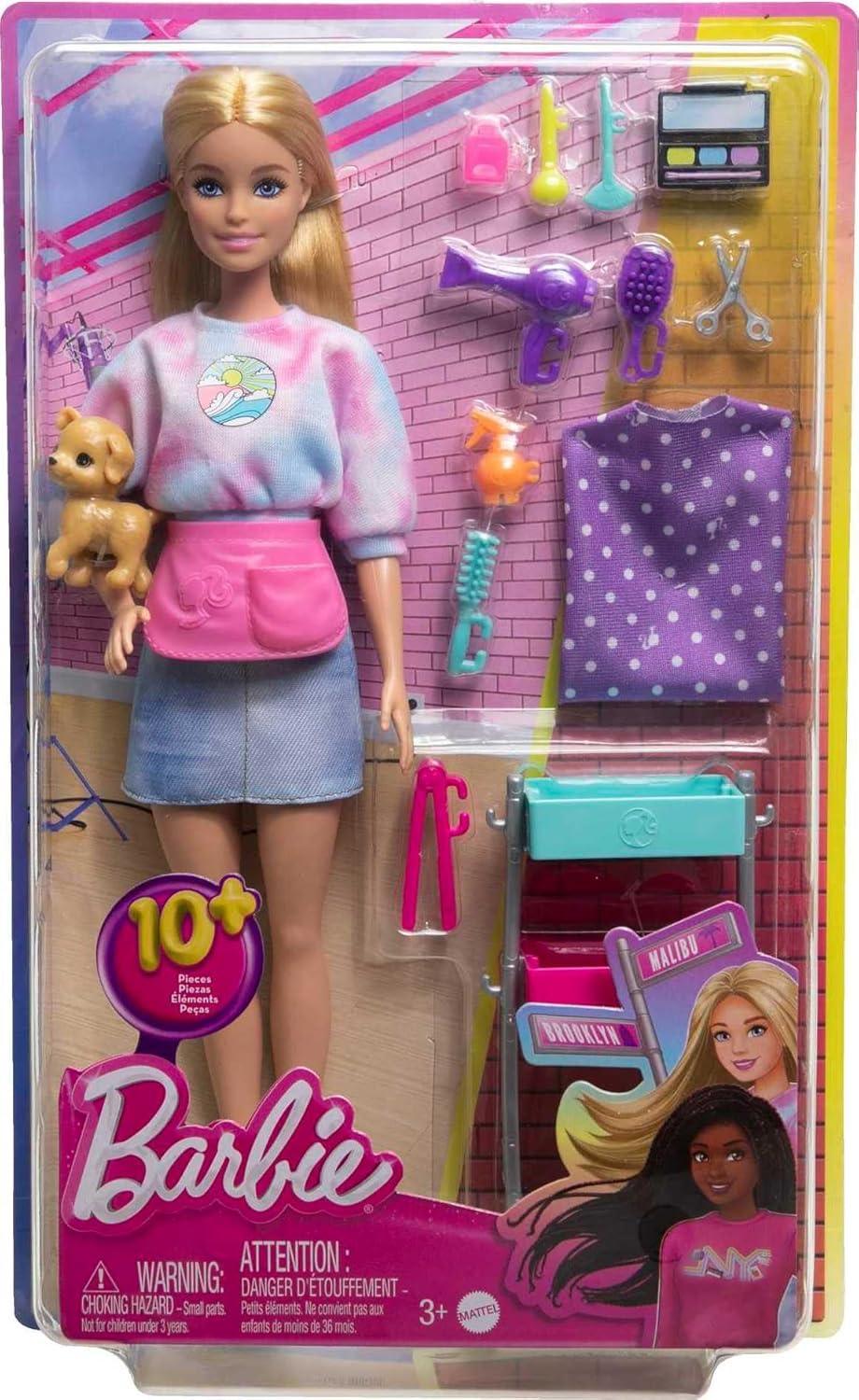 Barbie Stylist Doll & 14 Accessories, Blonde Malibu Fashion Doll On-set with Cart, Smock, Makeup Palette, Pet Puppy & More
