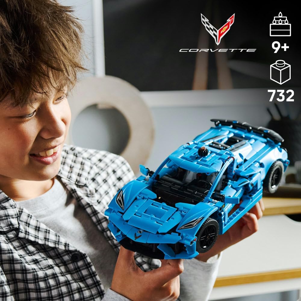 LEGO Technic Chevrolet Corvette Stingray Blue Race Car Toy - Model Kit with Moving 8-Cylinder Engine and Differential (42217)