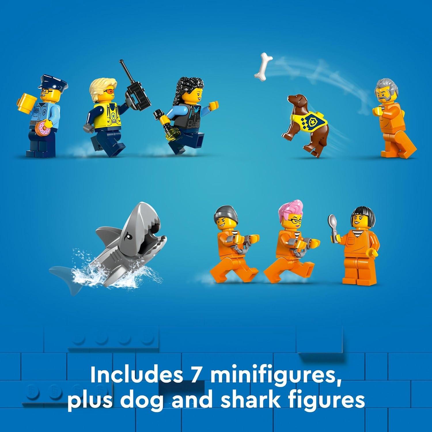 مجموعة بناء لعبة جزيرة سجن شرطة المدينة من ليجو 60419، هدية عيد ميلاد للأولاد والبنات من سن 7 سنوات فما فوق، لعب خيالي، لعبة هليكوبتر، لعبة قارب وزورق، 7 شخصيات مصغرة مع لعبة الكلب والقرش.