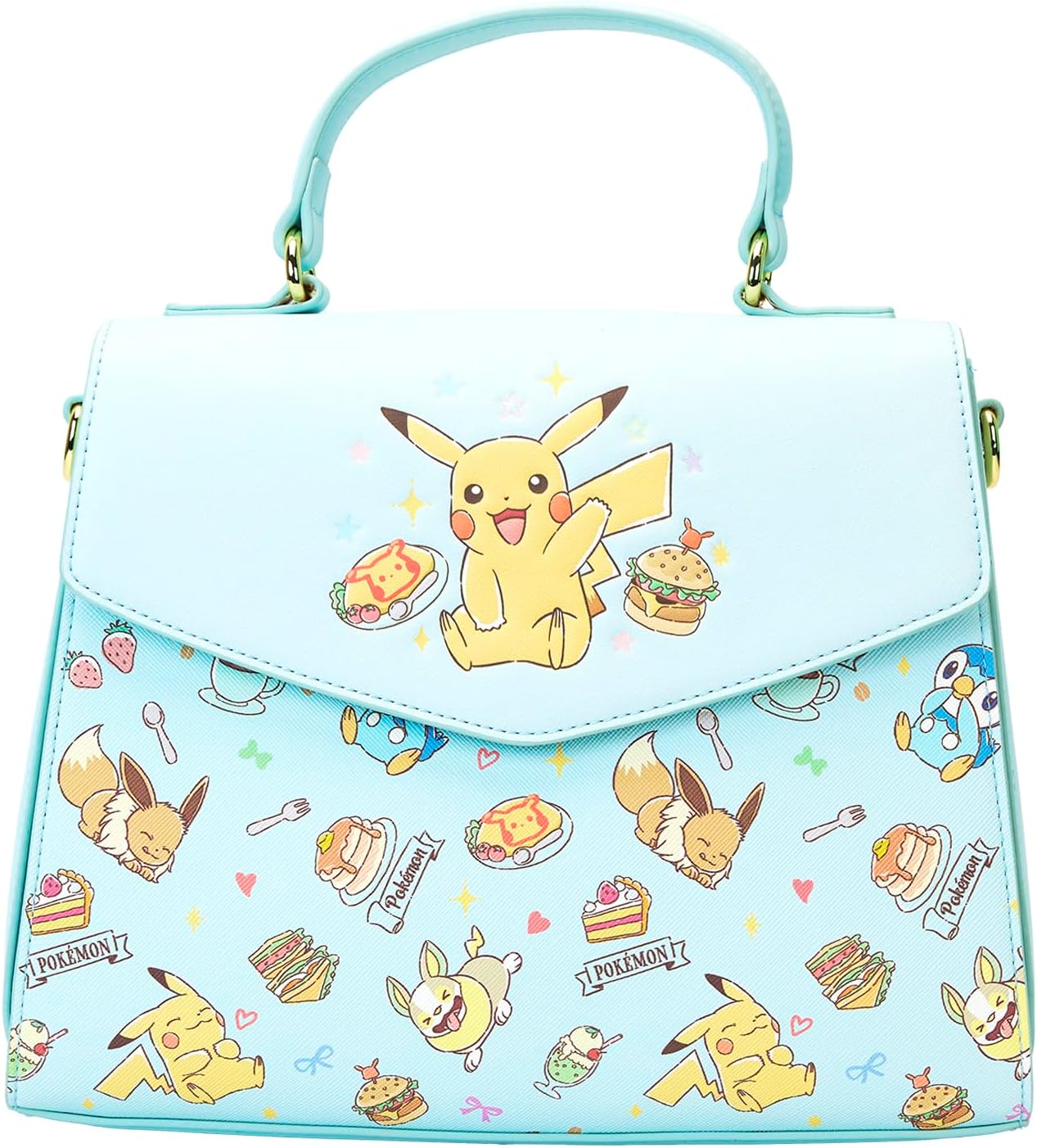 Light blue handbag with Pikachu and other Pokémon designs