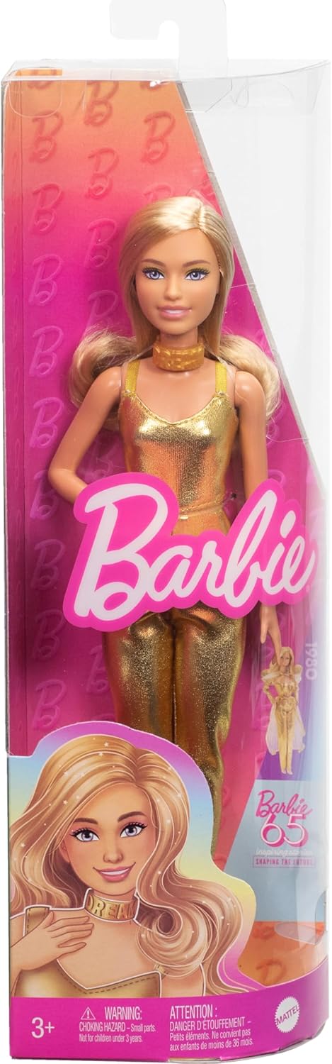 Barbie Fashionistas Doll #222, Petite With Blonde Wavy Hair, Golden Jumpsuit, 65th Anniversary