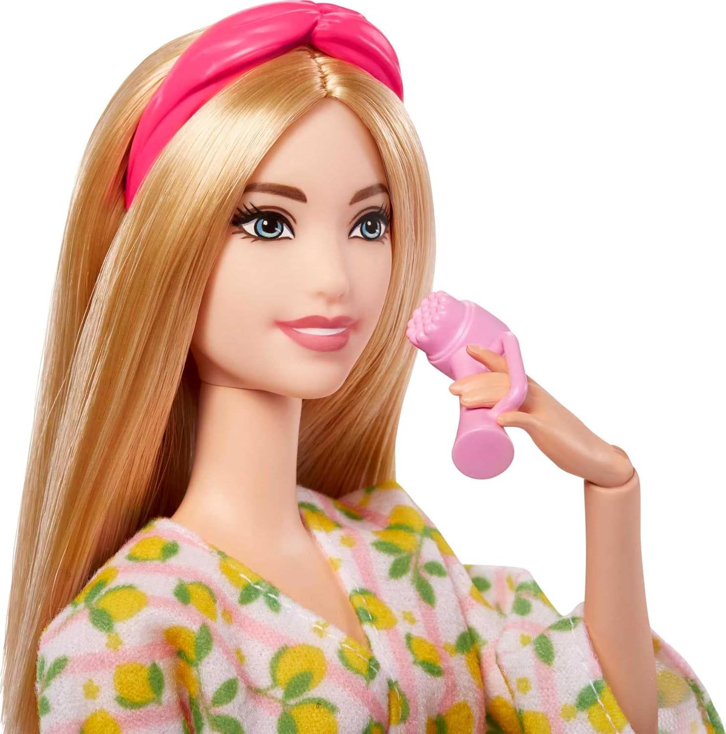 Barbie Self-Care Doll, Blonde Posable Spa Day Doll in Lemon Bathrobe with Puppy & Accessories Like Headband & Eye-Mask