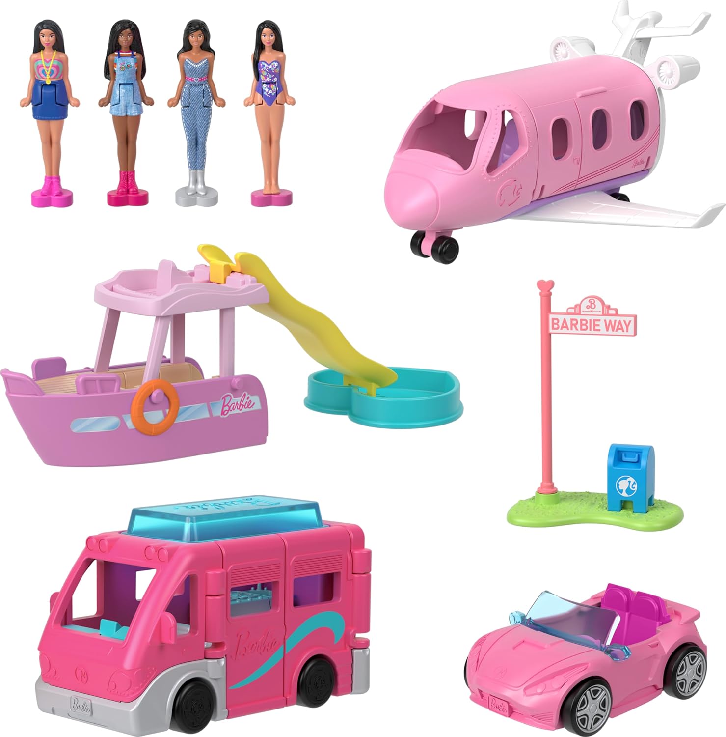 Barbie Mini BarbieLand 4-Pack Doll & Toy Vehicle Set with 4 Mini Dolls (1.5-inch) & 4 Iconic Vehicles with Color-Change Surprise