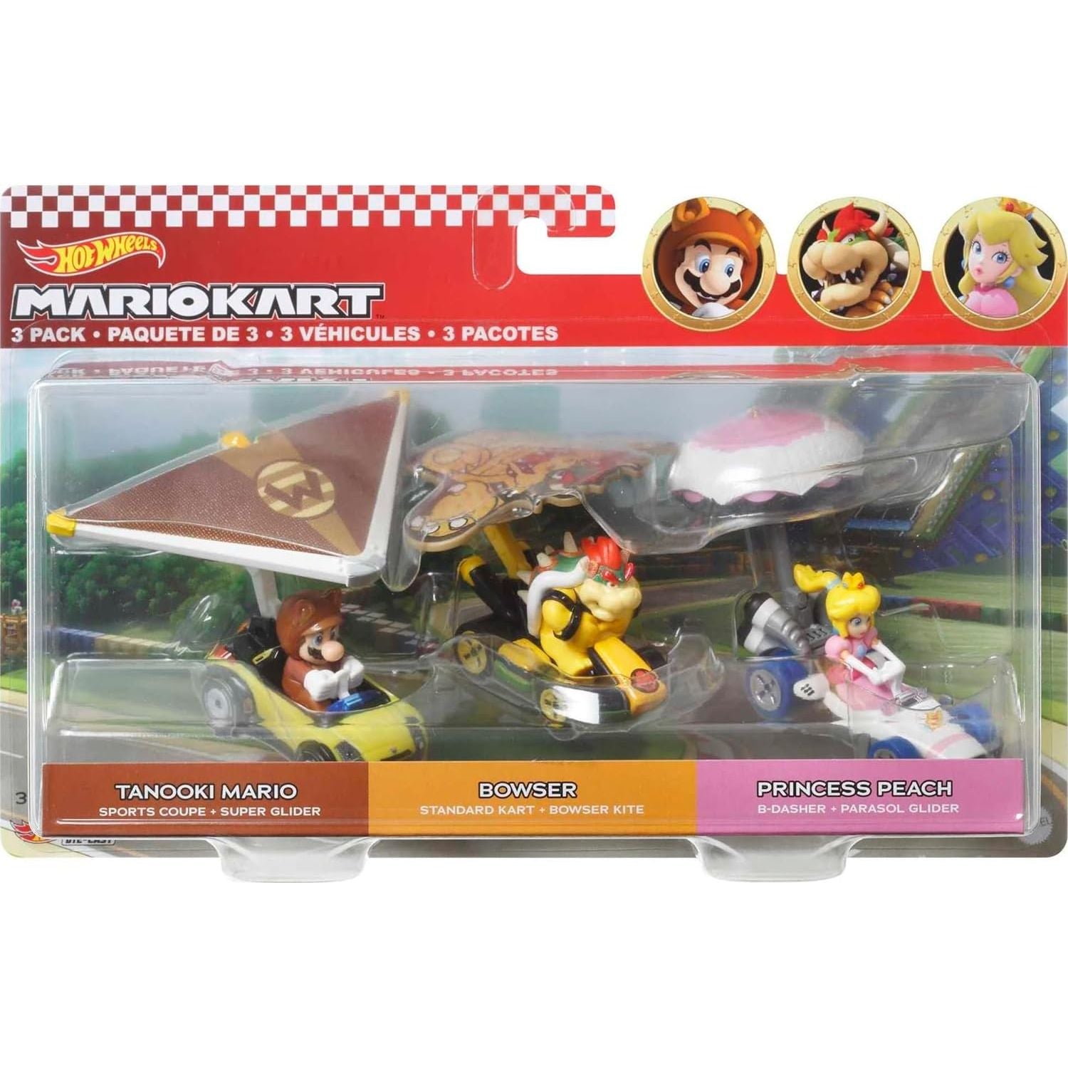 Hot Wheels Mario Kart Vehicle 3-Pack Set of Toy Cars with Gliders Inspired by Tanooki Mario, Princess Peach and Bowser