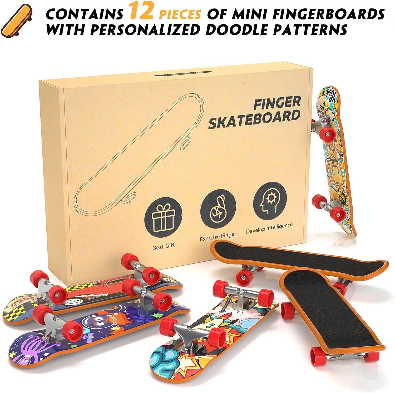 TIME4DEALS Fingerboard Mini Finger Skateboards Toys 12PCS Professional Finger Boards Set Creative Fingertips Movement, Mini Skateboard Starter Kit Finger Sports Party Favors Novelty Toy Gift for Kids