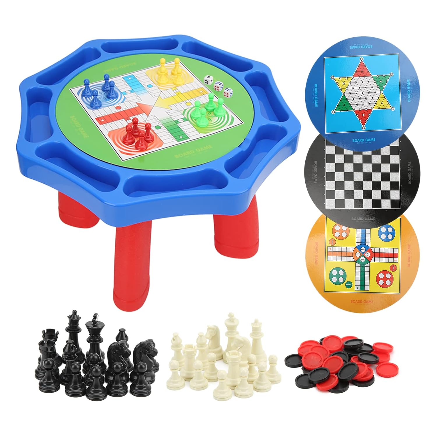 Set of board games including chess, checkers, and other pieces on a white background