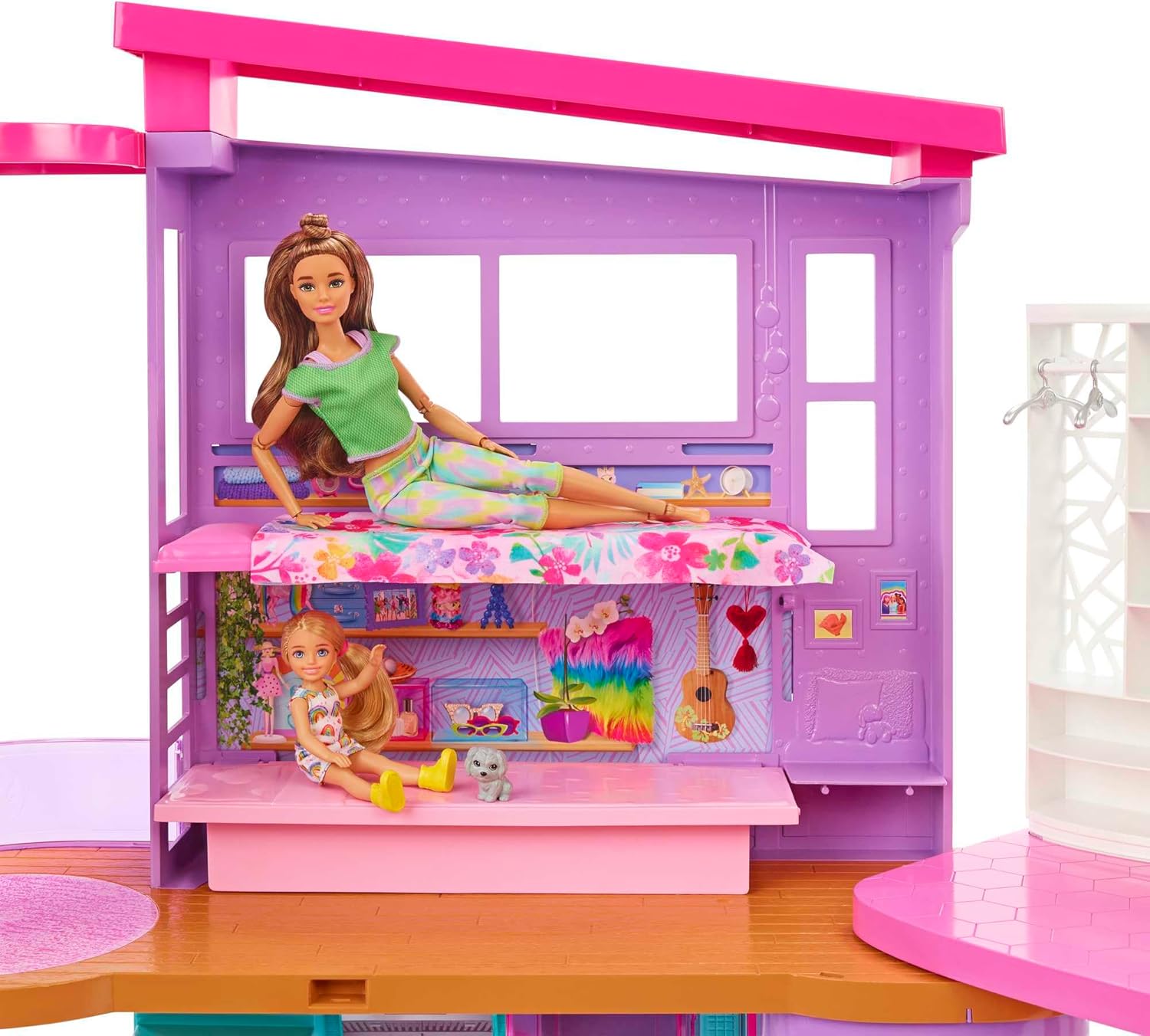 Barbie Vacation House, 2-Storey Fully-Furnished Barbie House with 6 Play Areas, Swing Chair Elevator, 30 Accessories, Fold and Store, Toys for Ages 3 and Up
