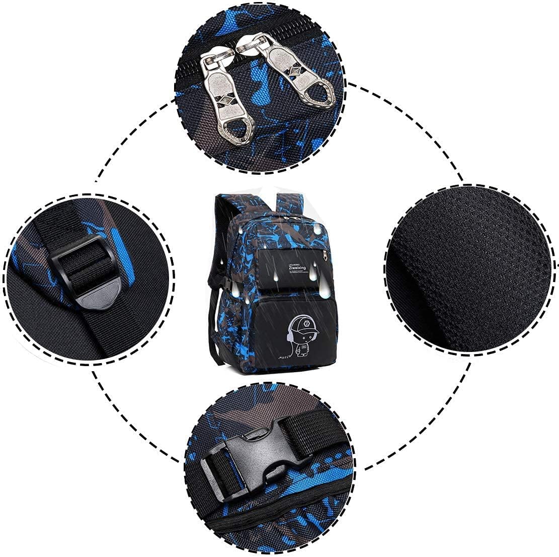 حقيبة ظهر Asge للأولاد في المدارس، حقيبة ظهر مموهة للأطفال، حقيبة كتب للمرحلة الإعدادية، حقيبة ظهر مقاومة للماء للسفر (أزرق)