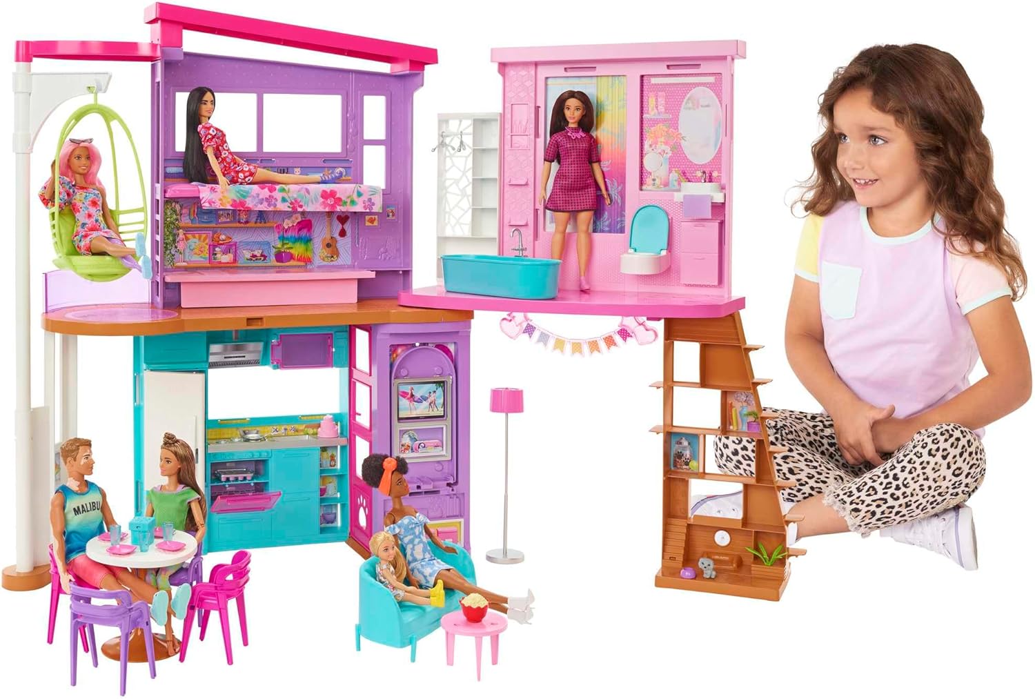 Barbie Vacation House, 2-Storey Fully-Furnished Barbie House with 6 Play Areas, Swing Chair Elevator, 30 Accessories, Fold and Store, Toys for Ages 3 and Up