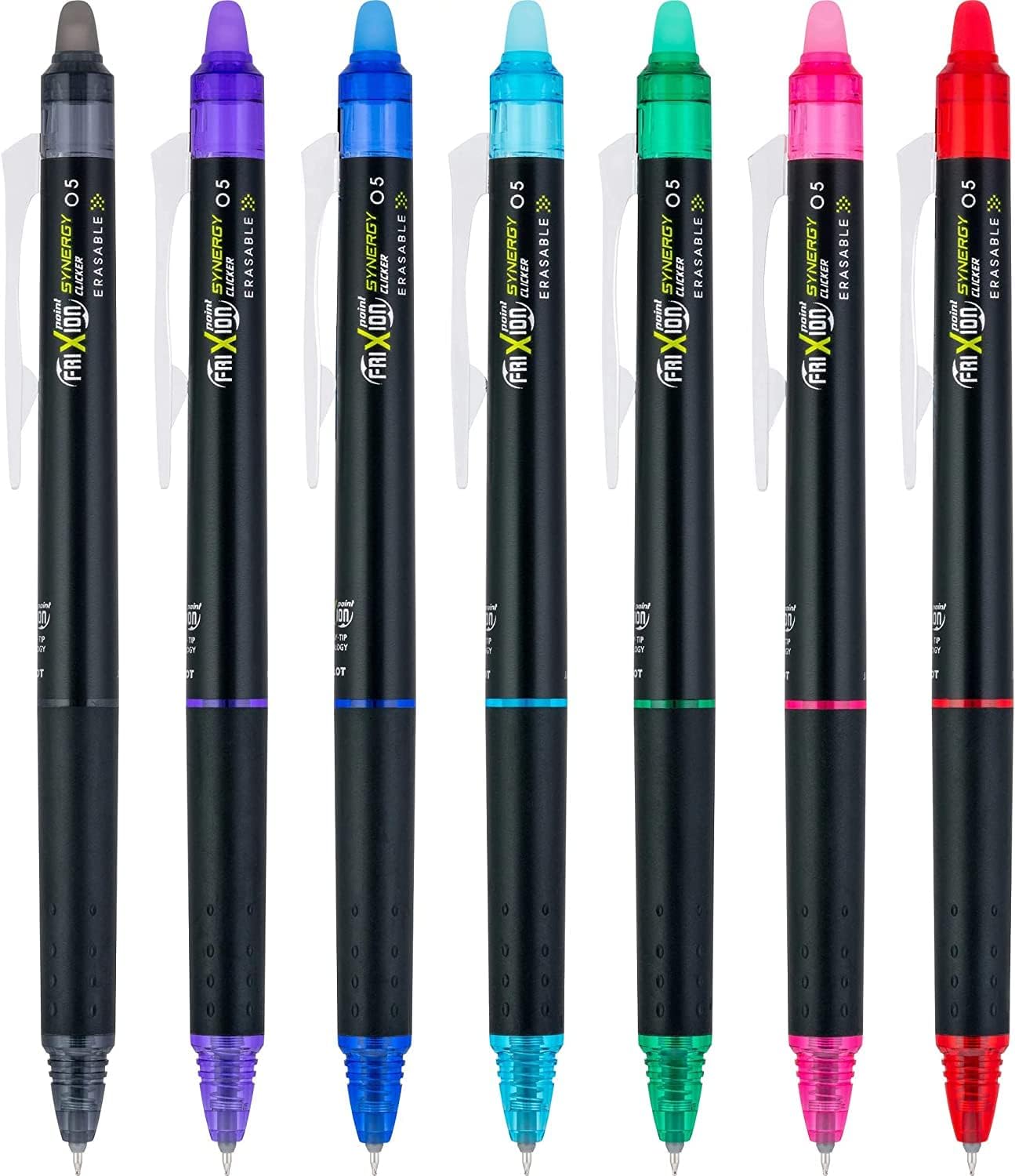 Pilot, FriXion Synergy Clicker Erasable, Refillable, Retractable Gel Ink Pens, Extra Fine Point 0.5 mm, Pack of 7, Assorted Colors