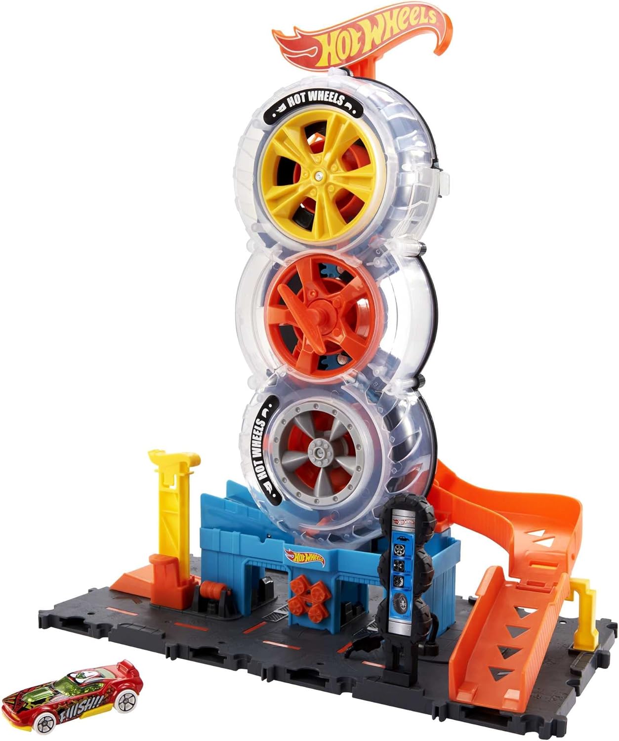 Hot Wheels Toy Car Track Set City Super Twist Tire Shop with 1:64 Scale Car, Single or Multi-Car Play