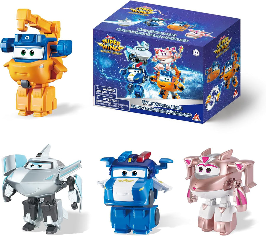 Super Wings 2" Transform-a-Bots 4-Pack, Supercharged Marty, Traver, Golden Girl, Lucie, Airplane Toys Vehicle Mini Figures
