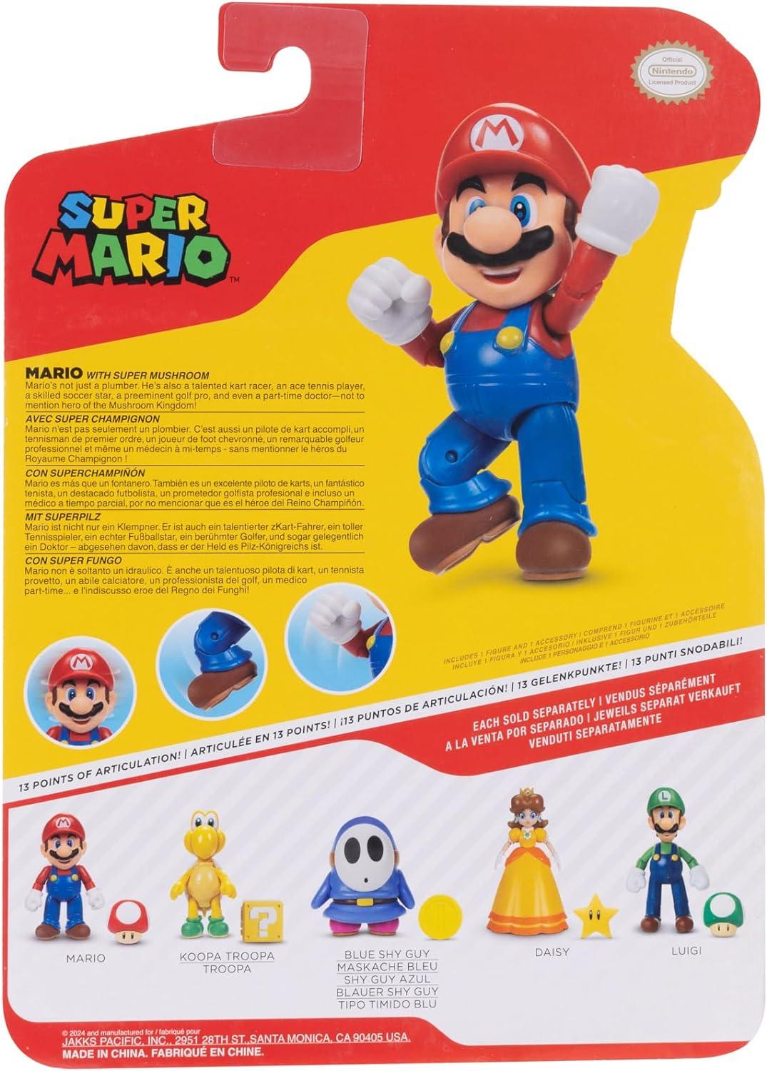 مجسم سوبر ماريو نينتندو مقاس 4 بوصات قابل لاتخاذ الوضعيات مع ملحق Power Up Mushroom. للأعمار من 3 سنوات فما فوق