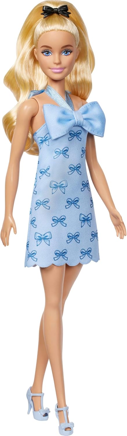 Mattel Barbie Fashionistas Doll #237 in Blue Bow Halter Dress, Blonde Ponytail With Bow Accessory