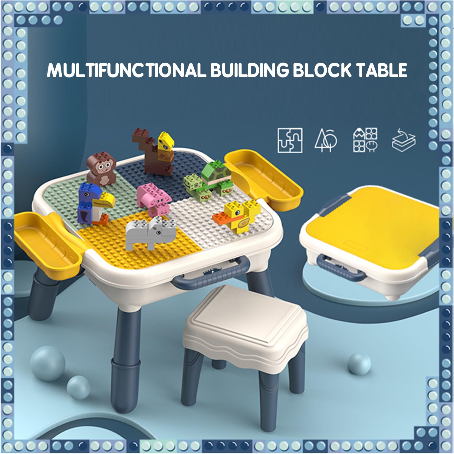 Multifunctional Building Block Table with Stool – 2-in-1 Learning and Play Set - 29 PCS