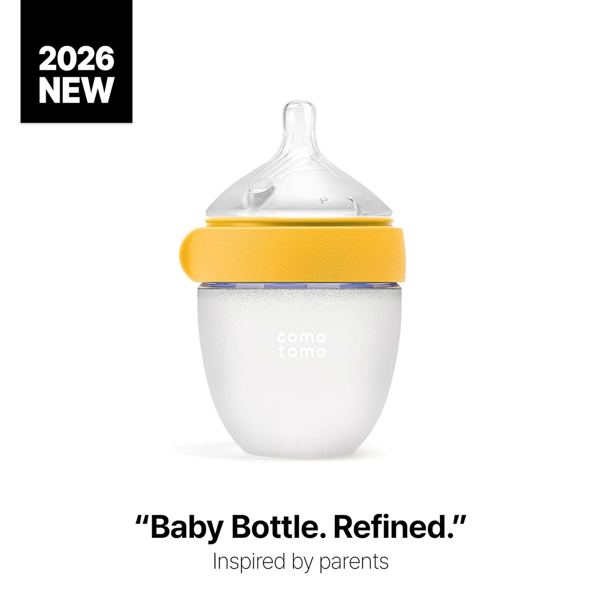 Comotomo Silicone Baby Bottle Gen 2 – 2026 Release (5oz) – True Slow-Flow Nipple for Newborn Feeding (0-3 Months) with Dual Anti Colic Vents for Breast to Bottle Transition, Yellow