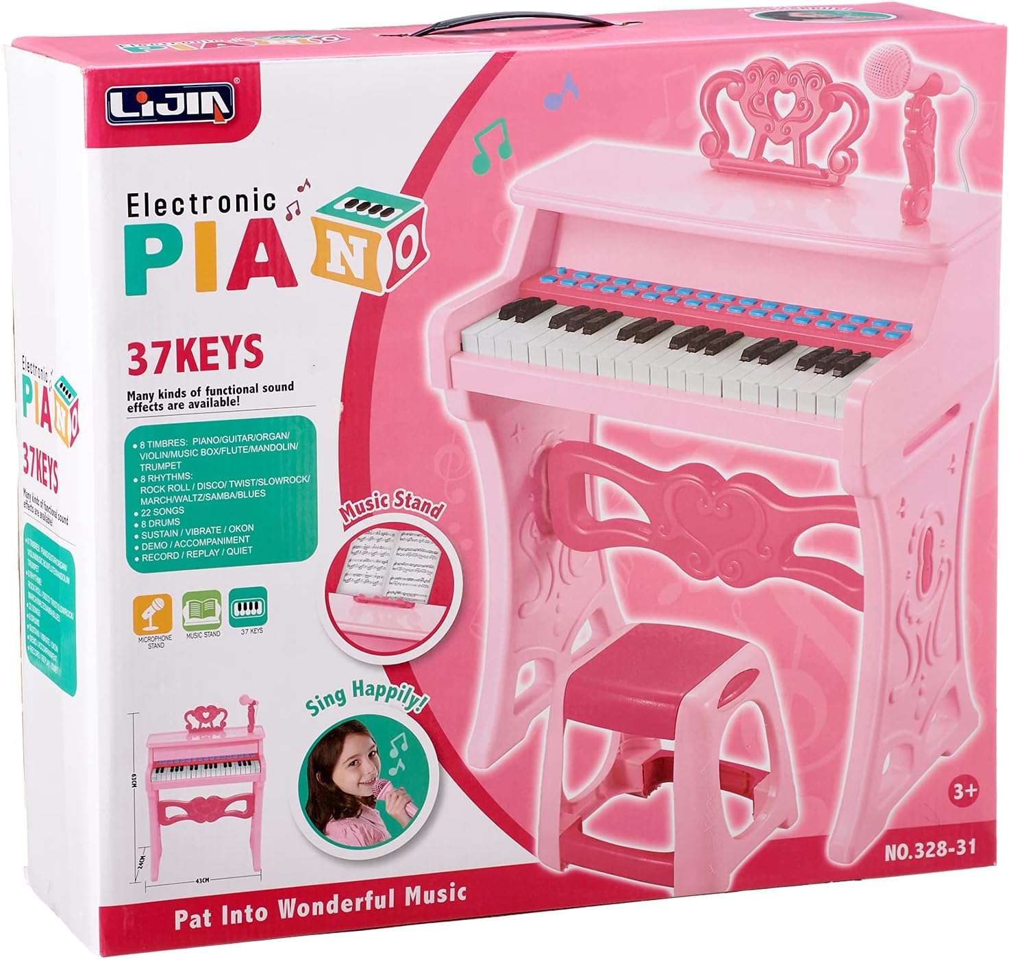 37-Key Kids Electronic Piano Keyboard Set with Microphone and Stool – Pink Princess Toy