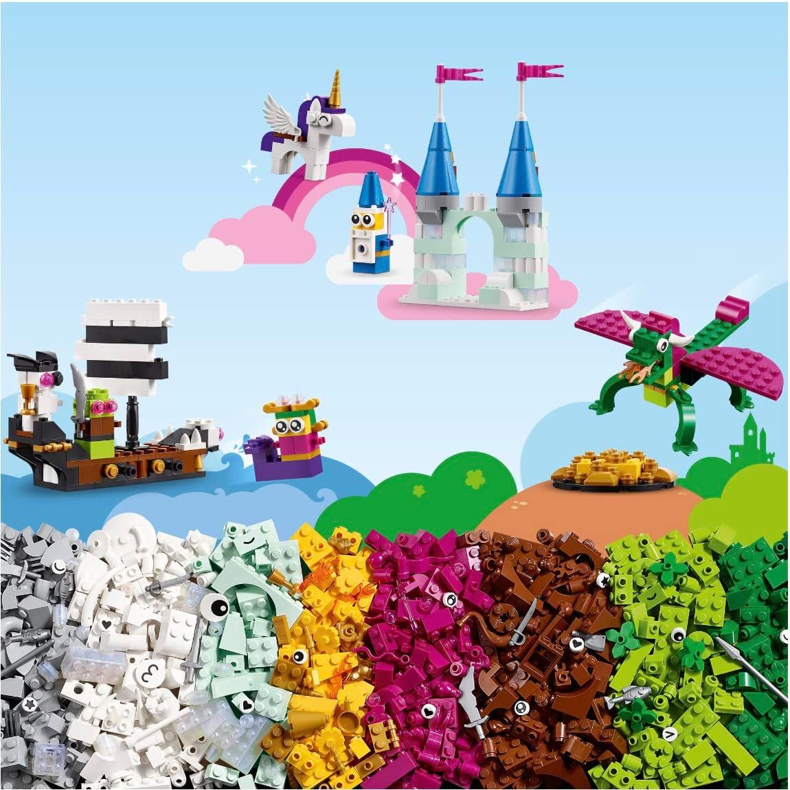 Lego 11033 Classic Creative Fantasy Universe Set, Building Adventure with Unicorn Toy, Castle, Dragon and Pirate Ship Builds