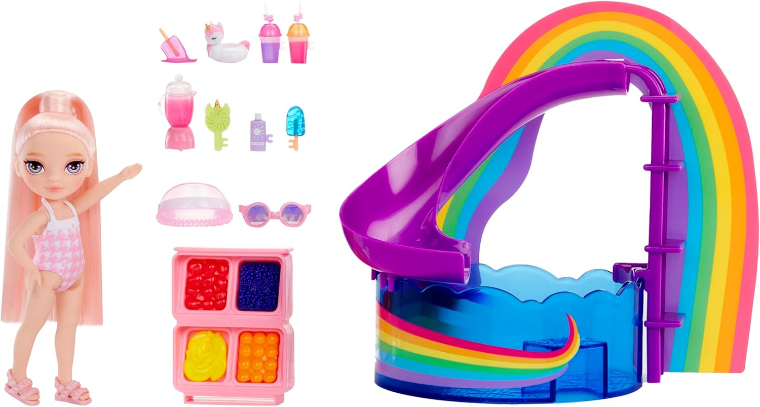 Rainbow High Littles Pool Day Playset + Small Doll (Pink 5.5”), Pool with Rainbow Slide, Accessories, Smoothie Stand, Kids Gift Ages 4+