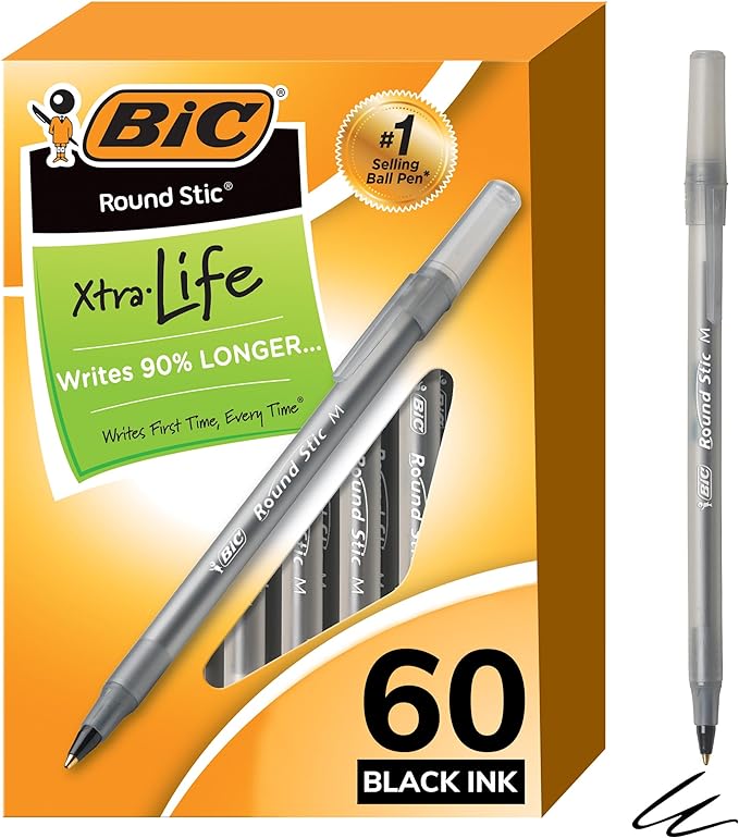 أقلام حبر جاف BIC Round Stic Xtra Life، نقطة متوسطة (1.0 مم)، أسود، عدد 60