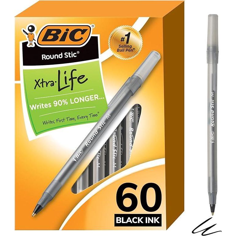 BIC Round Stic Xtra Life Ballpoint Pens, Medium Point (1.0mm), black, 60-Count
