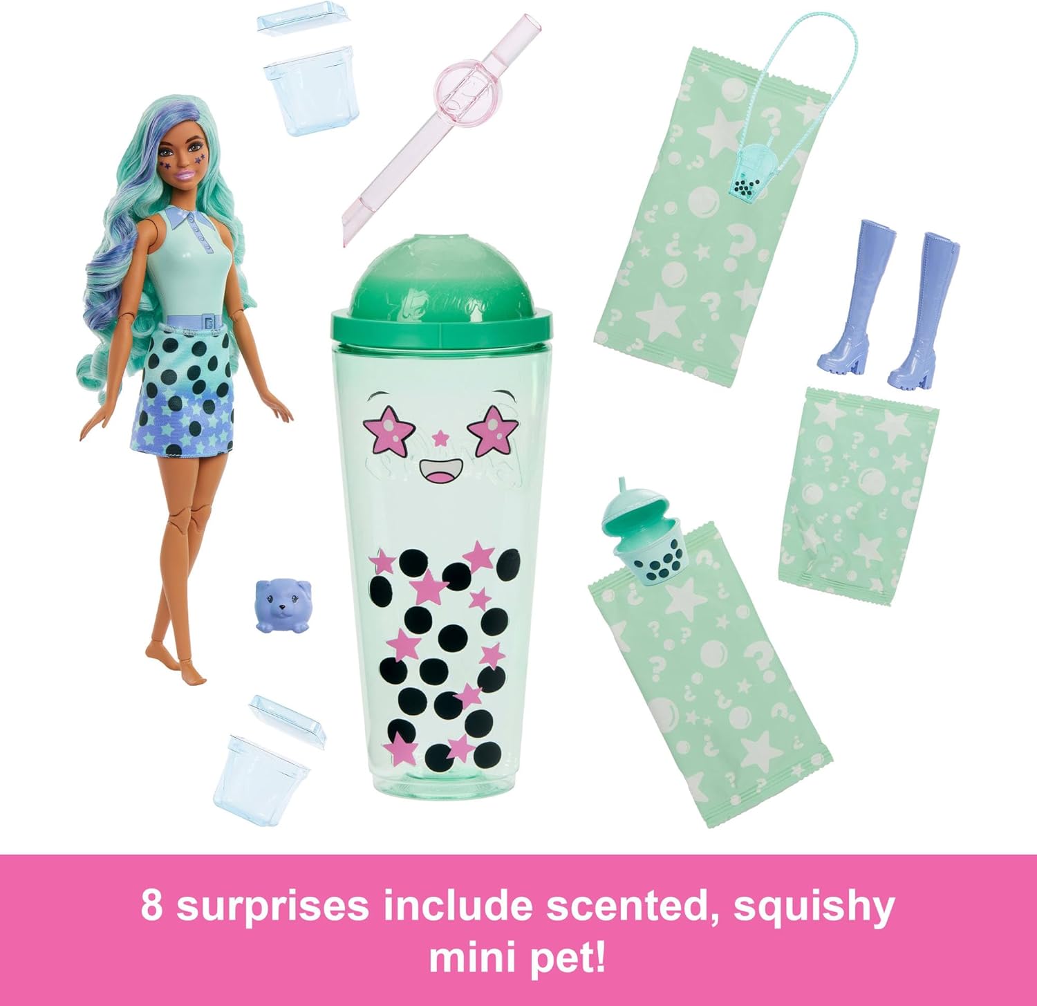 Barbie Pop Reveal Bubble Tea Series Doll & Accessories with Pet, 8 Surprises Include Color Change, Cup with Storage (Styles May Vary)