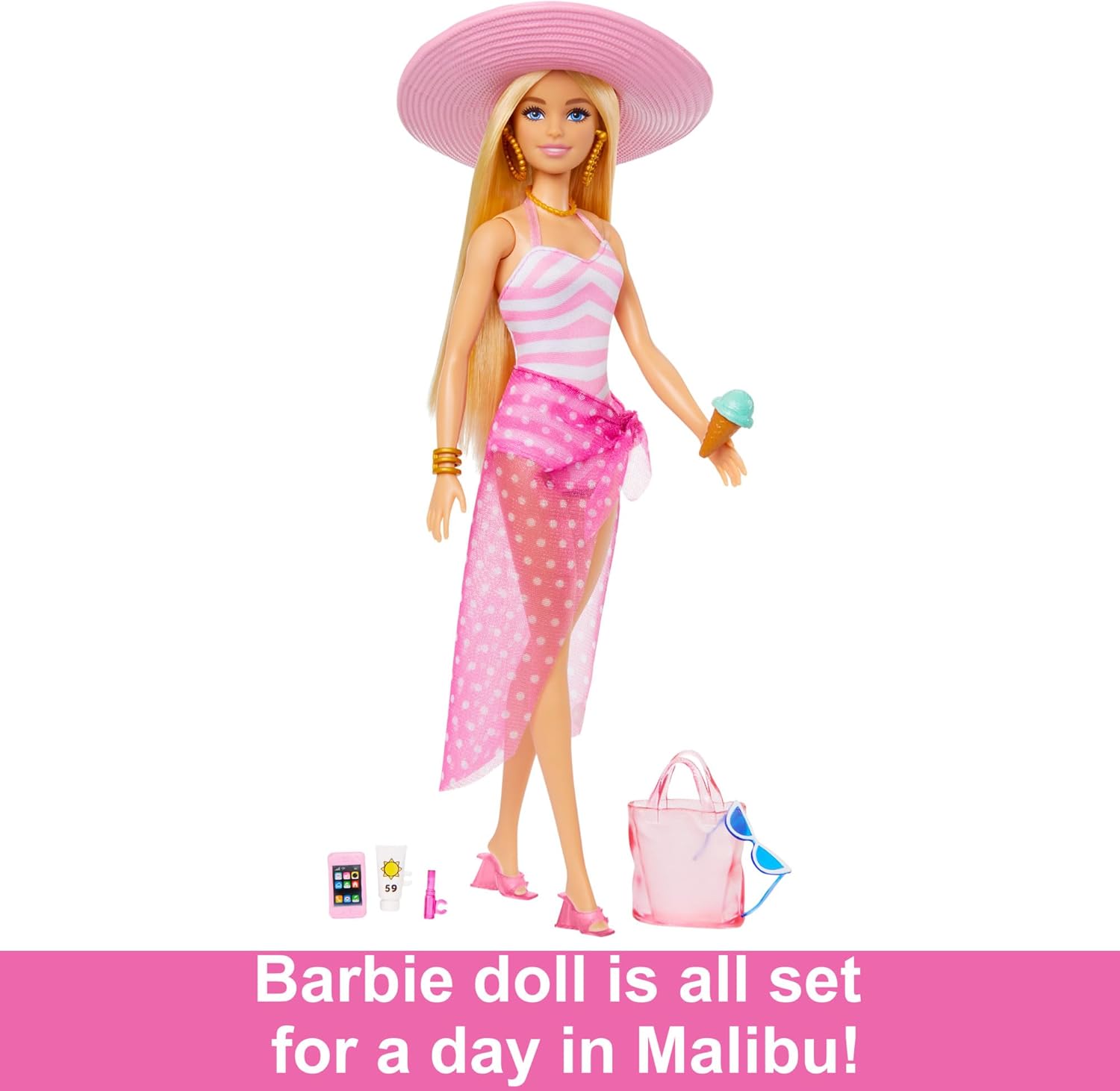 Mattel Barbie Beach Blonde Doll with Pink and White Swimsuit, Accessories, and Beach Bag