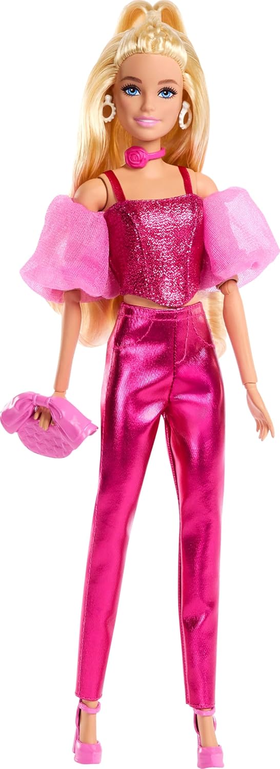 Barbie Deluxe Style Doll #5 in Pink Metallic Outfit Blonde with Glitter Corset Top and Shiny Trousers with Accessories such as a Pink Chain and Handbag JFP40