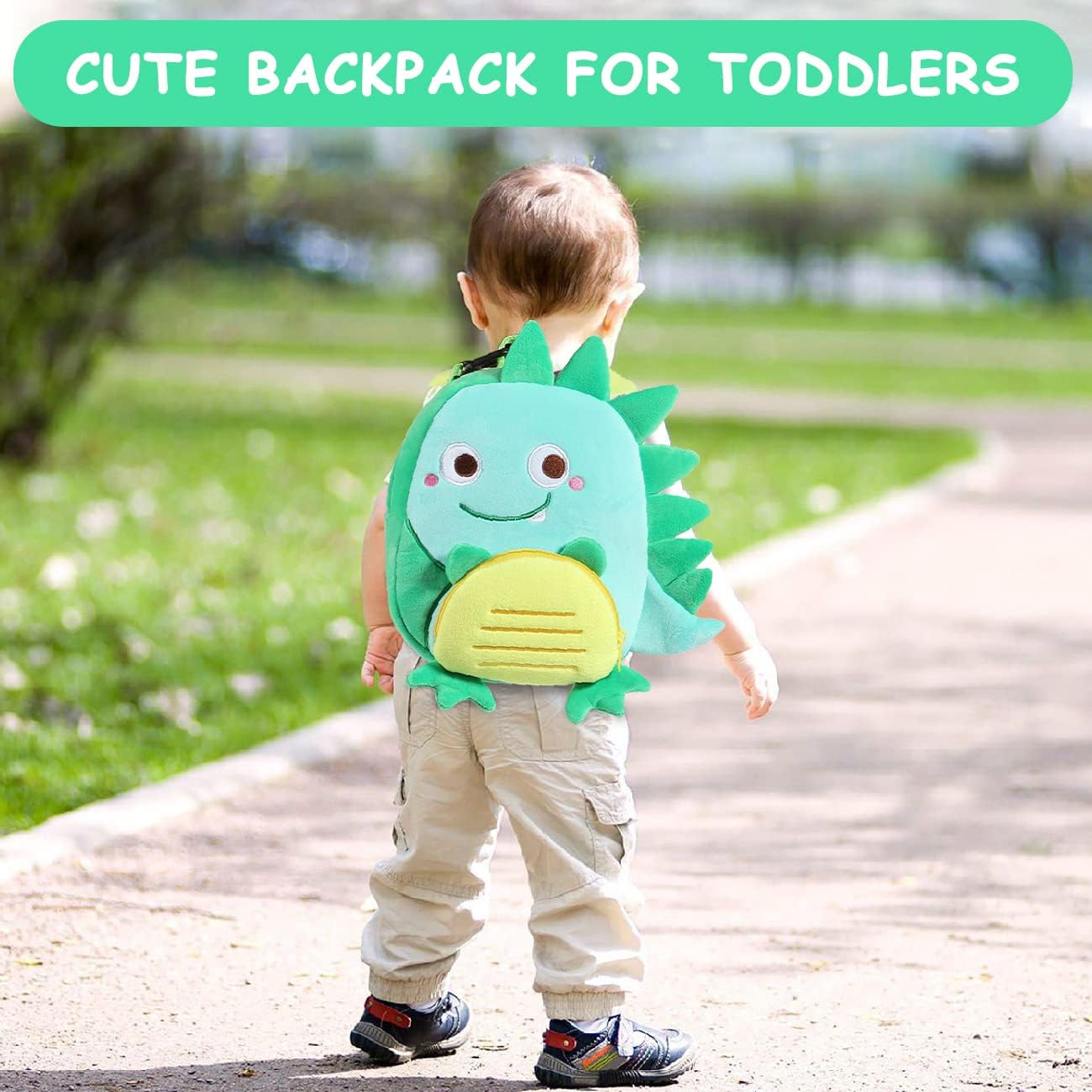 VASCHY Toddler Backpack, Baby Boys and Girls Cute Plush Animal Small Daycare Backpack for Baby Little Kids Smiling Dinosaur