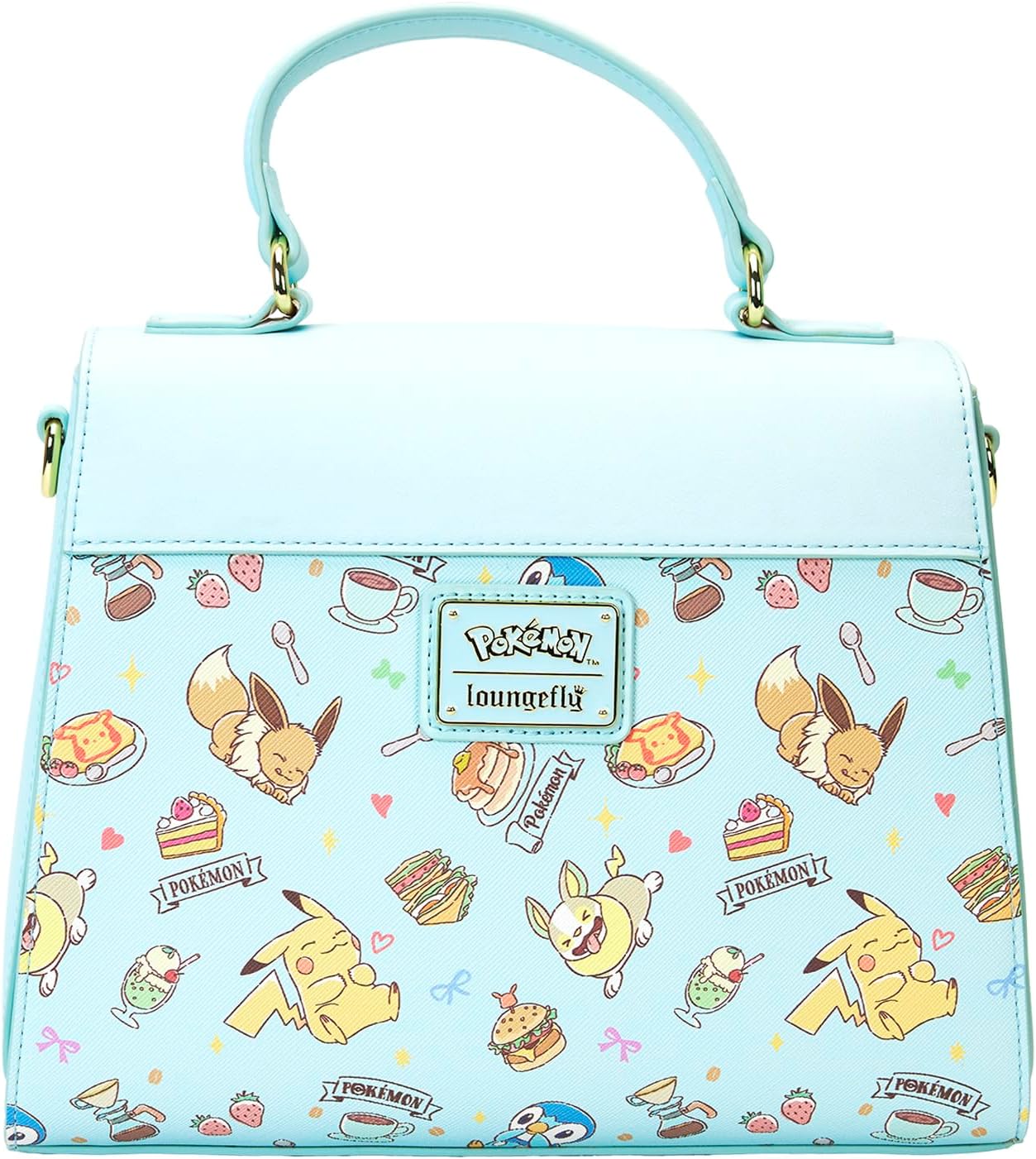 Light blue handbag with cartoon character and food pattern, featuring 'Pokémon' branding.
