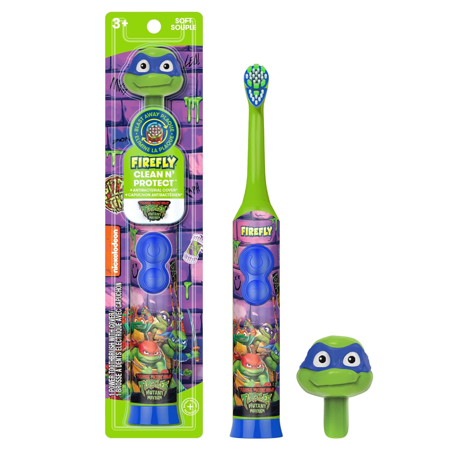 Firefly Clean N' Protect Teenage Mutant Ninja Turtles Power Toothbrush with 3D Character Cover, Soft Bristles, Battery Included, Ages 3+