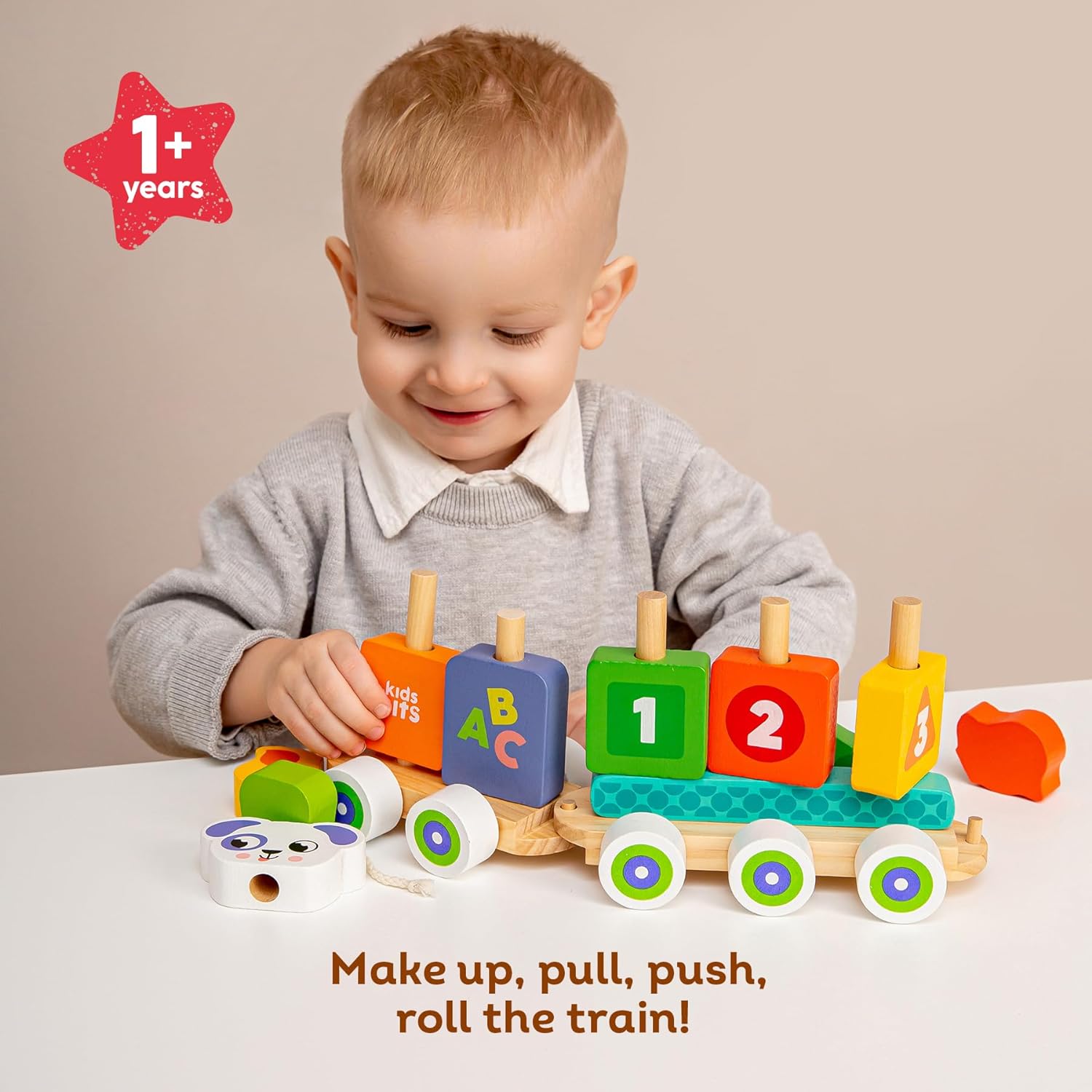 Kids Hits Wooden Stack and Go Train: All Aboard The Fun Learning Journey for Ages 1 and Up