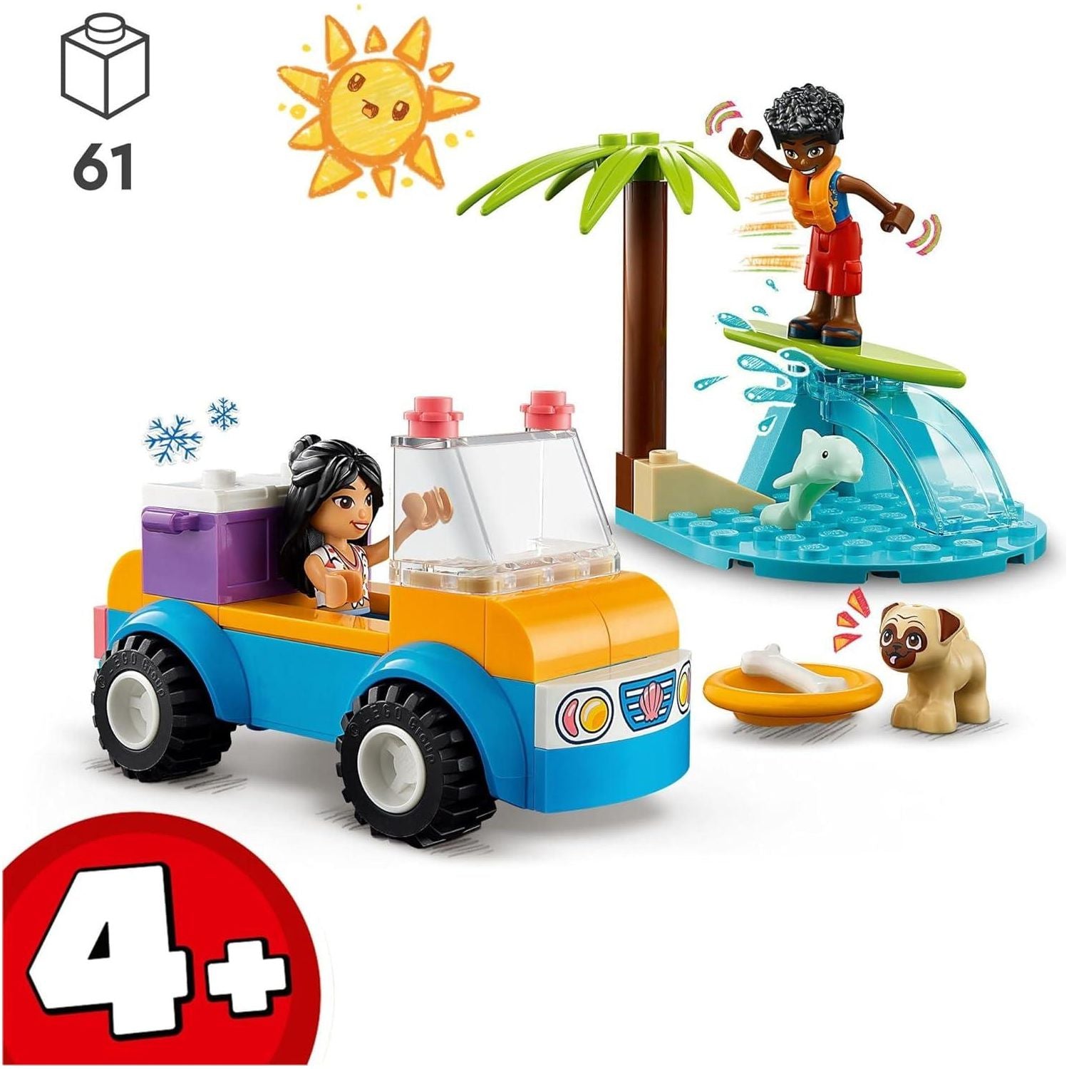 LEGO 41725  Friends Beach Buggy Fun Building Toy Set, Creative Fun for Toddlers Ages 4+, with 2 Mini-Dolls, Pet Dog and Dolphin Figures, a Beach Buggy Toy Car and Accessories