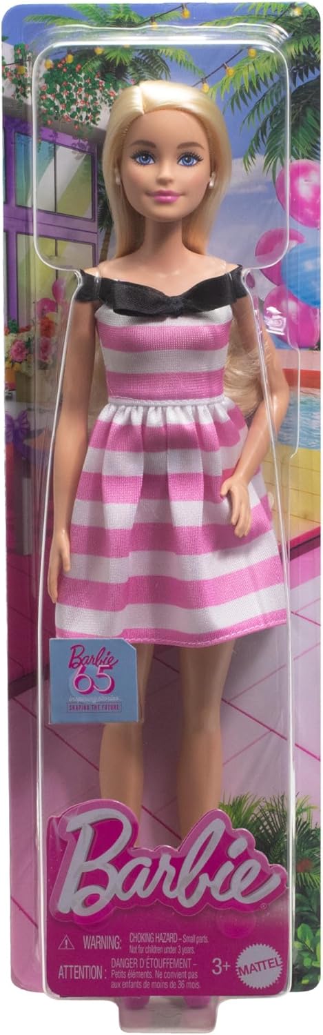 Barbie 65th Anniversary Fashion Doll With Blonde Hair, Pink Striped Dress And Accessories