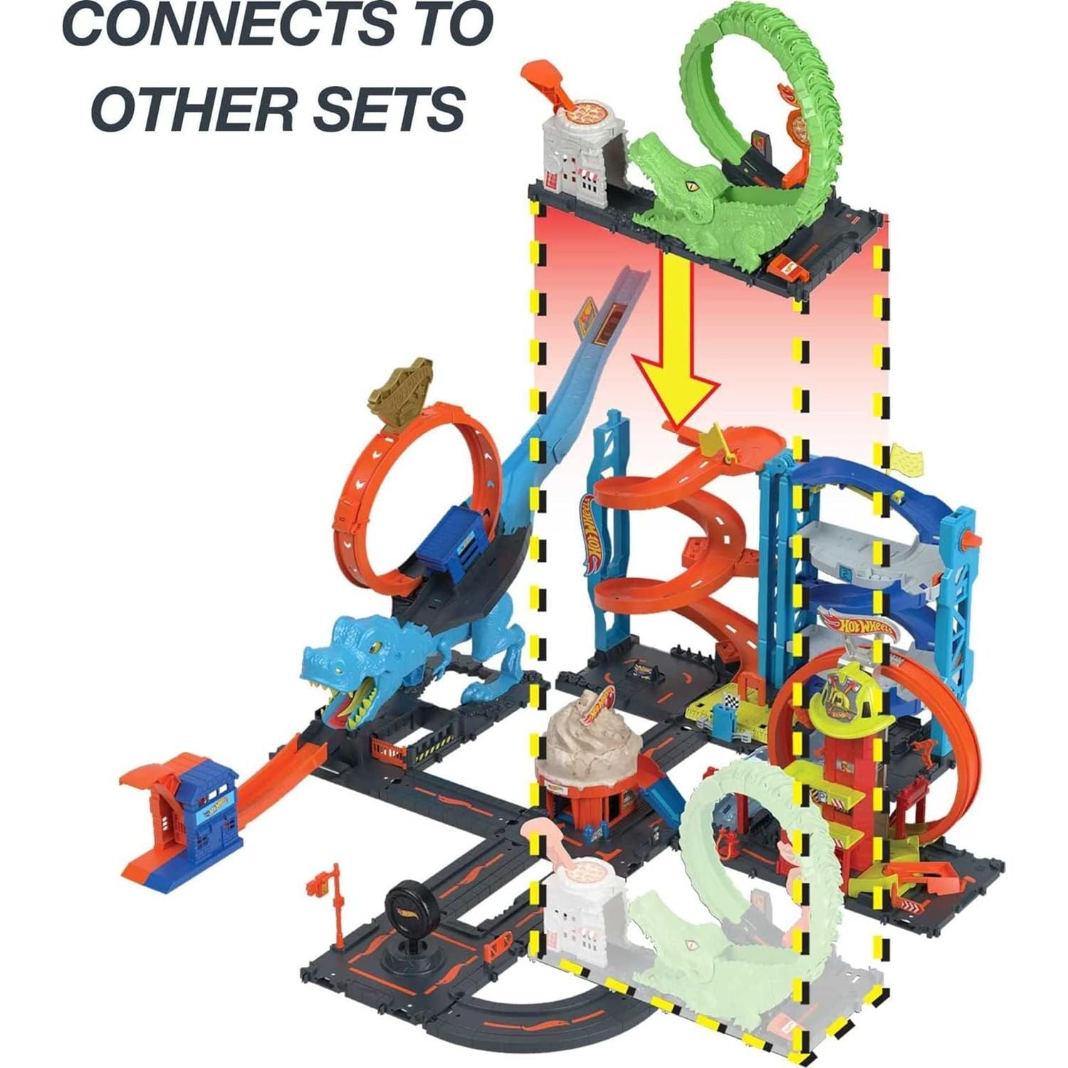 Hot Wheels Toy Car Track Set Gator Loop Attack Playset in Pizza Place with 1;64 Scale Car, Connects to Other Sets