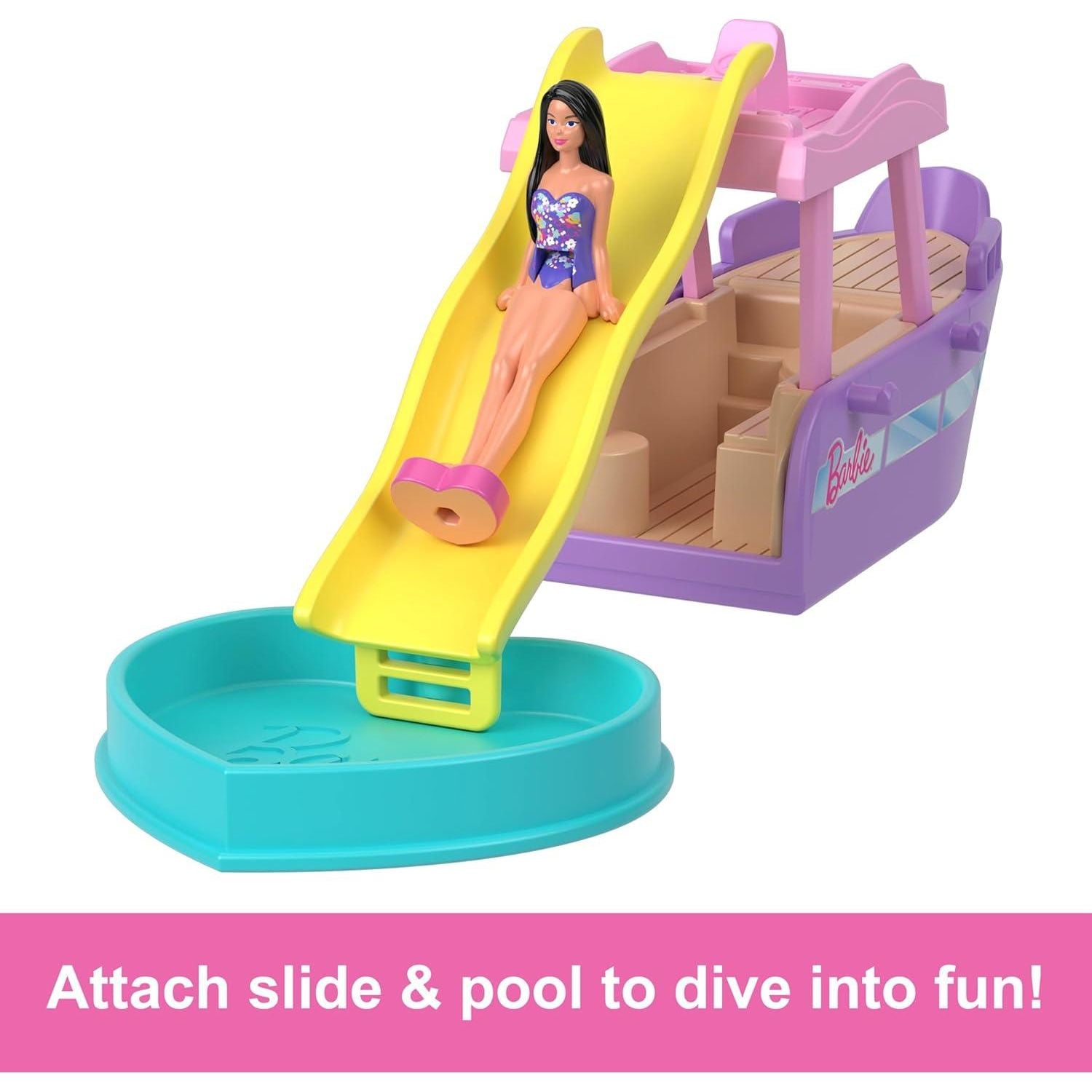 مجموعة باربي ميني باربي لاند ودمية ومركبات لعبة، دمية 1.5 بوصة وقارب أحلام مع مفاجأة متغيرة اللون