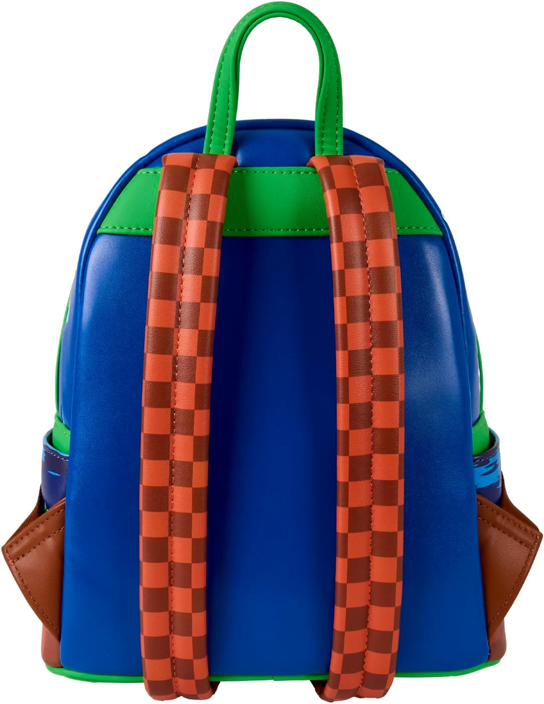 Blue backpack with green top section and brown checkered straps 