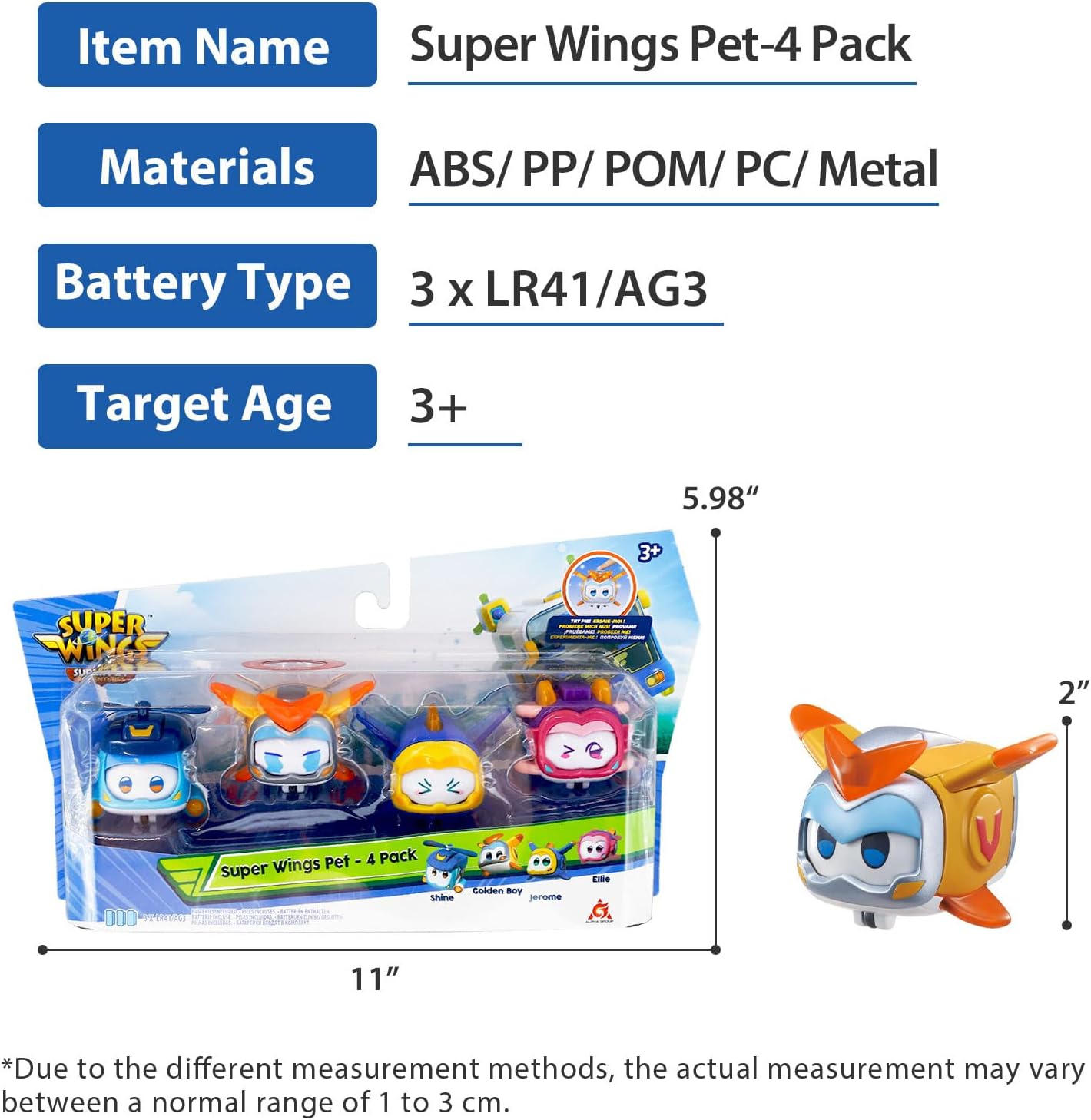 Super Wings Super Pets 4-Pack Collection Jerome, Golden Boy, Shine, Ellie, Vehicle Action Figure with Light Effect and Mutiple Emotion Expressions, Gifts for Kids Age 3+